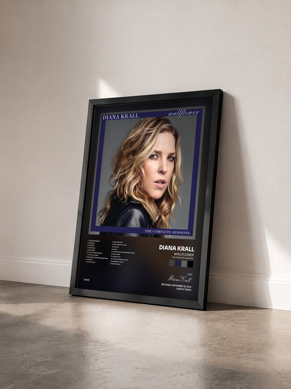 #noir Tableau de l'album Wallflower (The Complete Sessions) de Diana Krall vu de trois quarts, cadre noir