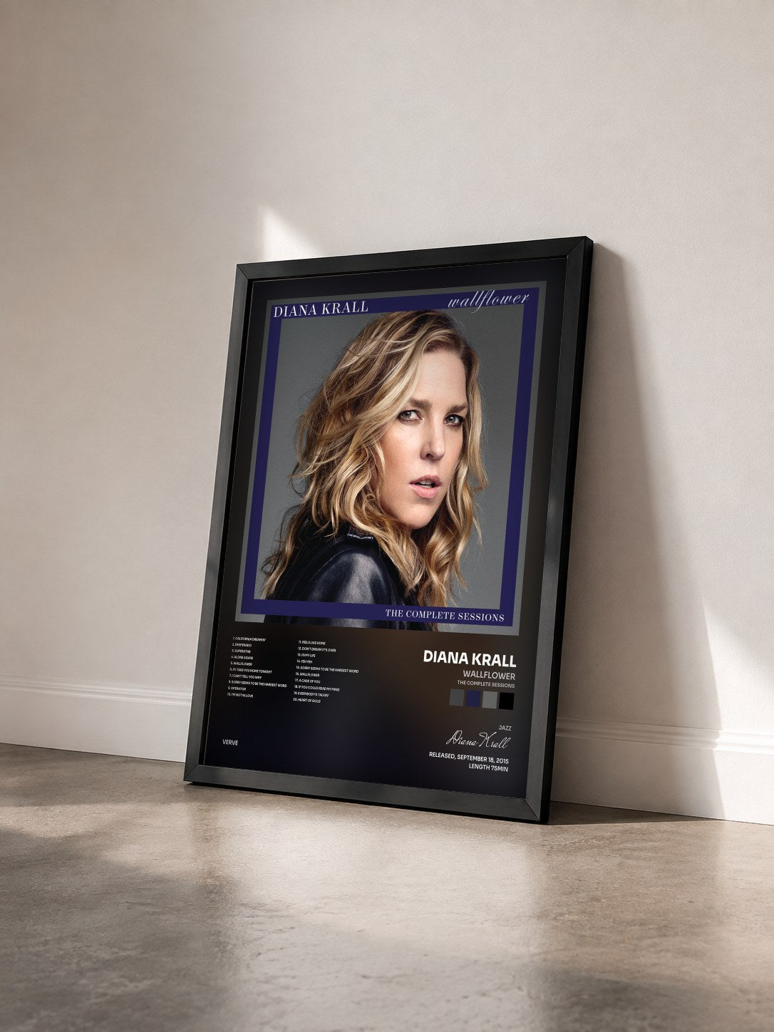 #noir Tableau de l'album Wallflower (The Complete Sessions) de Diana Krall vu de trois quarts, cadre noir