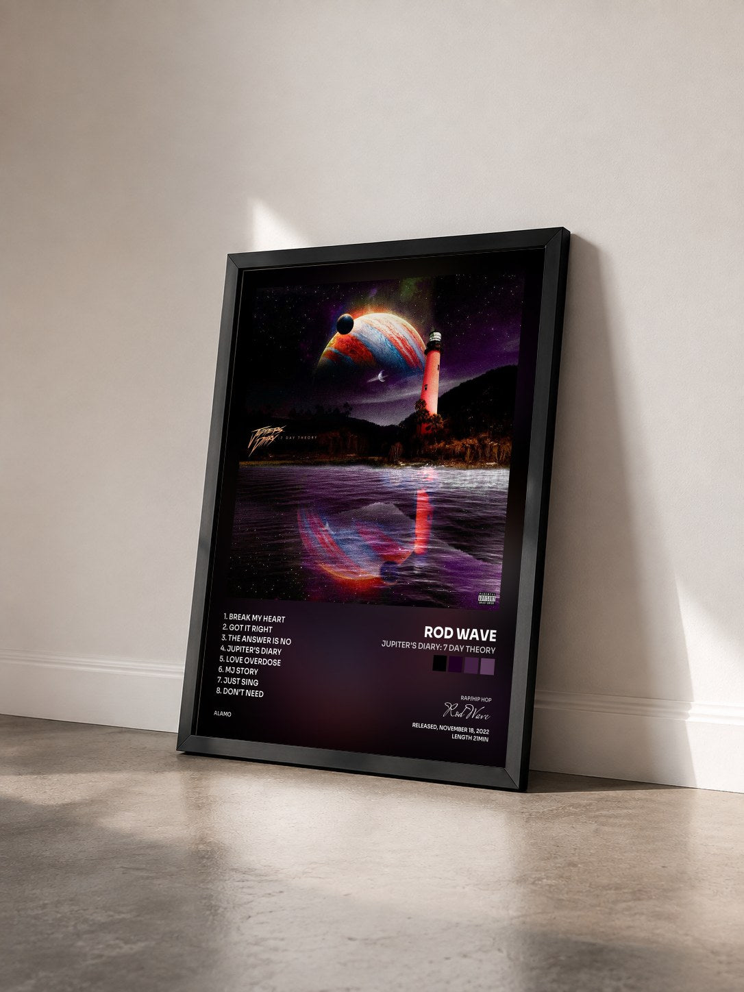 #noir Tableau de l'album Jupiter's Diary: 7 Day Theory de Rod Wave vu de trois quarts, cadre noir