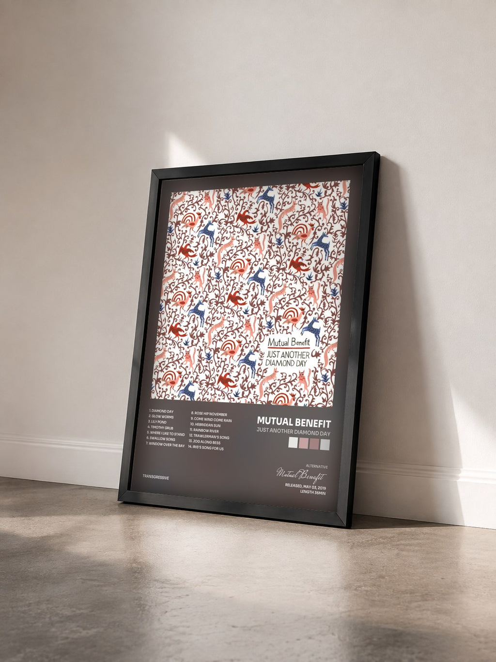 #noir Tableau de l'album Just Another Diamond Day de Mutual Benefit vu de trois quarts, cadre noir