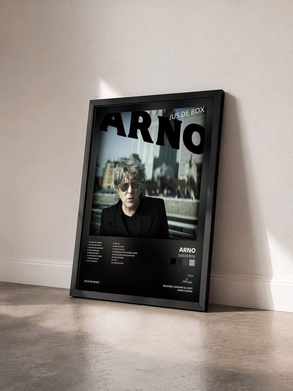 #noir Tableau de l'album Jus de box de Arno vu de trois quarts, cadre noir