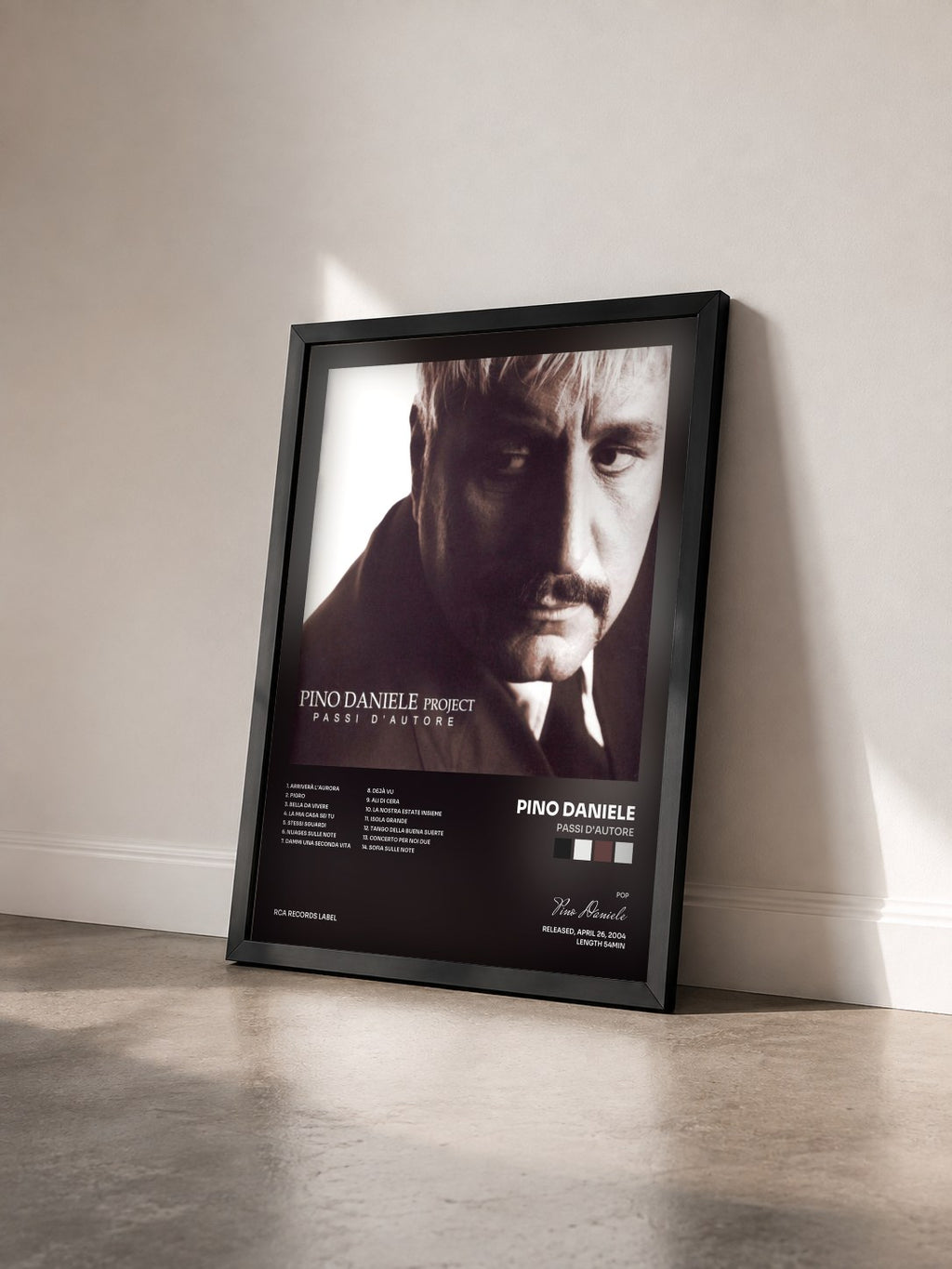 #noir Tableau de l'album Passi D'Autore de Pino Daniele vu de trois quarts, cadre noir