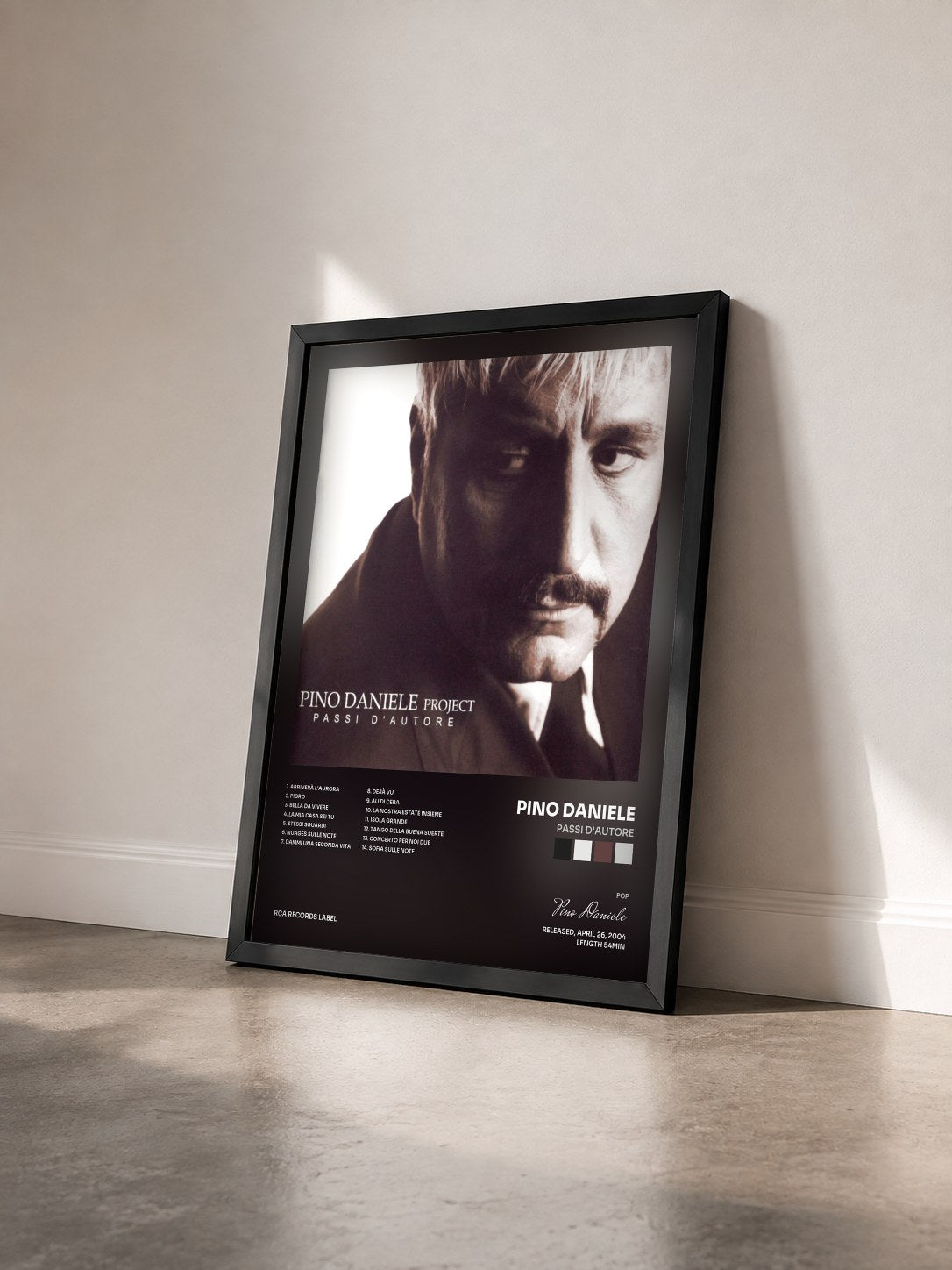 #noir Tableau de l'album Passi D'Autore de Pino Daniele vu de trois quarts, cadre noir