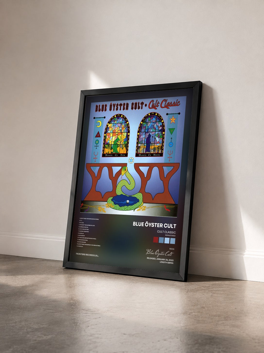 #noir Cult Classic (Remastered) by Blue Öyster Cult as a framed art print seen at an angle, black frame