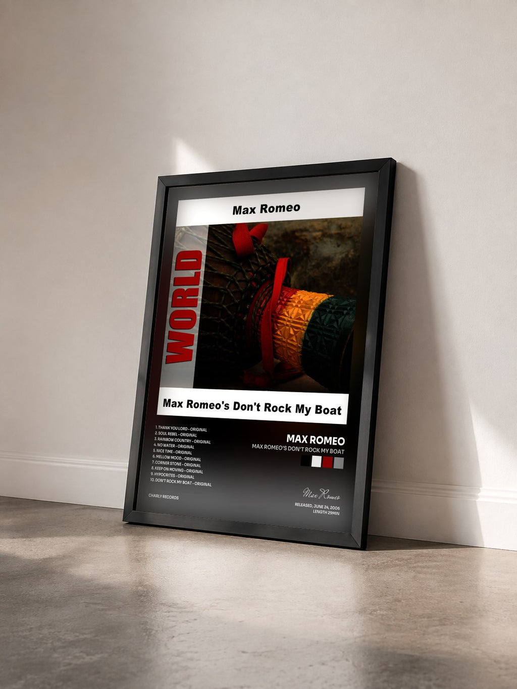 #noir Tableau de l'album Max Romeo's Don't Rock My Boat de Max Romeo vu de trois quarts, cadre noir