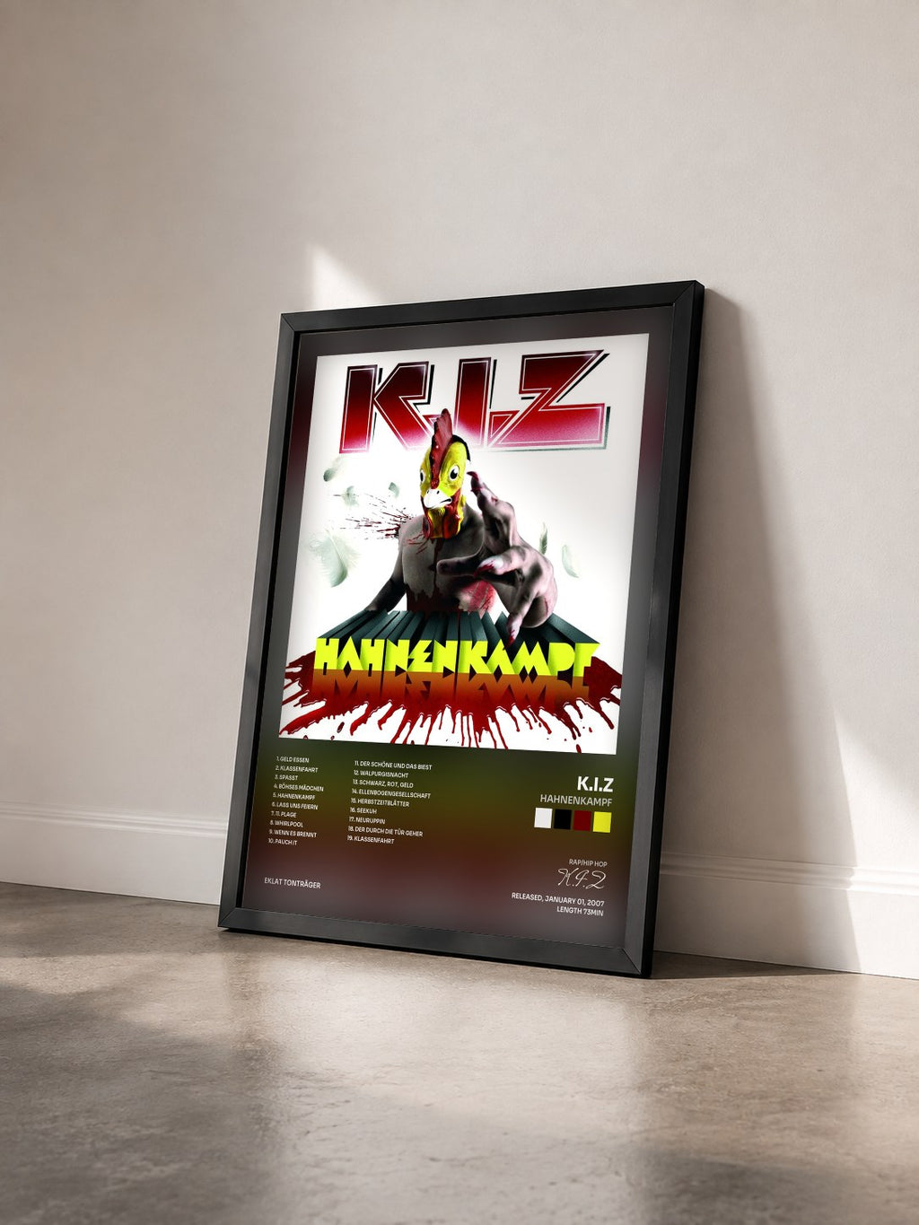 #noir Tableau de l'album Hahnenkampf de K.I.Z vu de trois quarts, cadre noir
