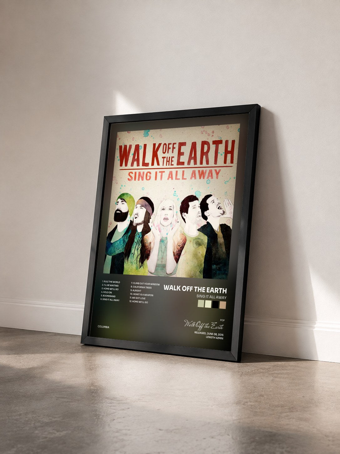 #noir Tableau de l'album Sing It All Away de Walk Off the Earth vu de trois quarts, cadre noir