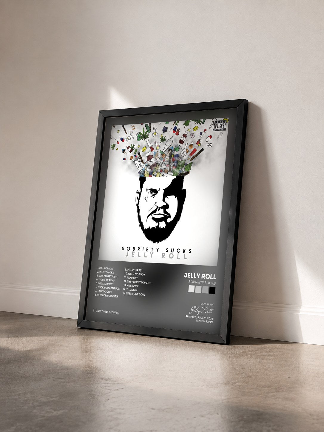 #noir Tableau de l'album Sobriety Sucks de Jelly Roll vu de trois quarts, cadre noir