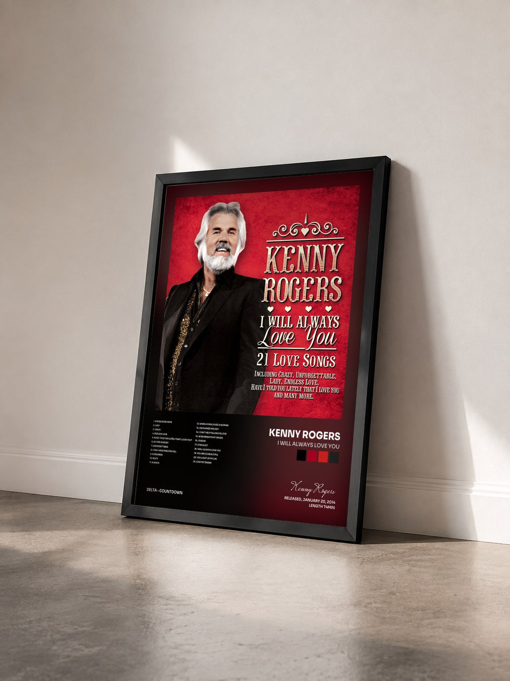 #noir Tableau de l'album I Will Always Love You de Kenny Rogers vu de trois quarts, cadre noir