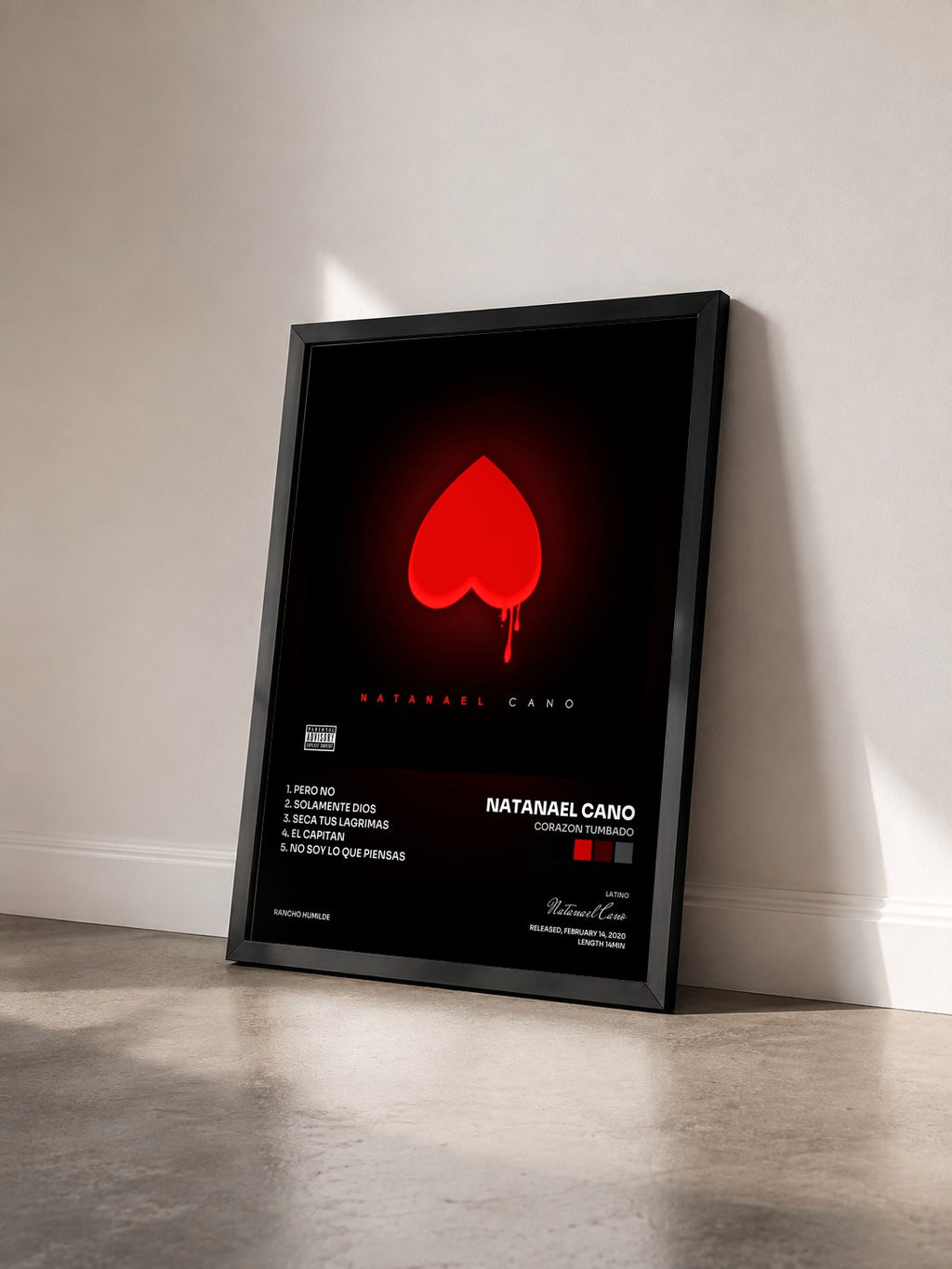 #noir Tableau de l'album Corazon Tumbado de Natanael Cano vu de trois quarts, cadre noir