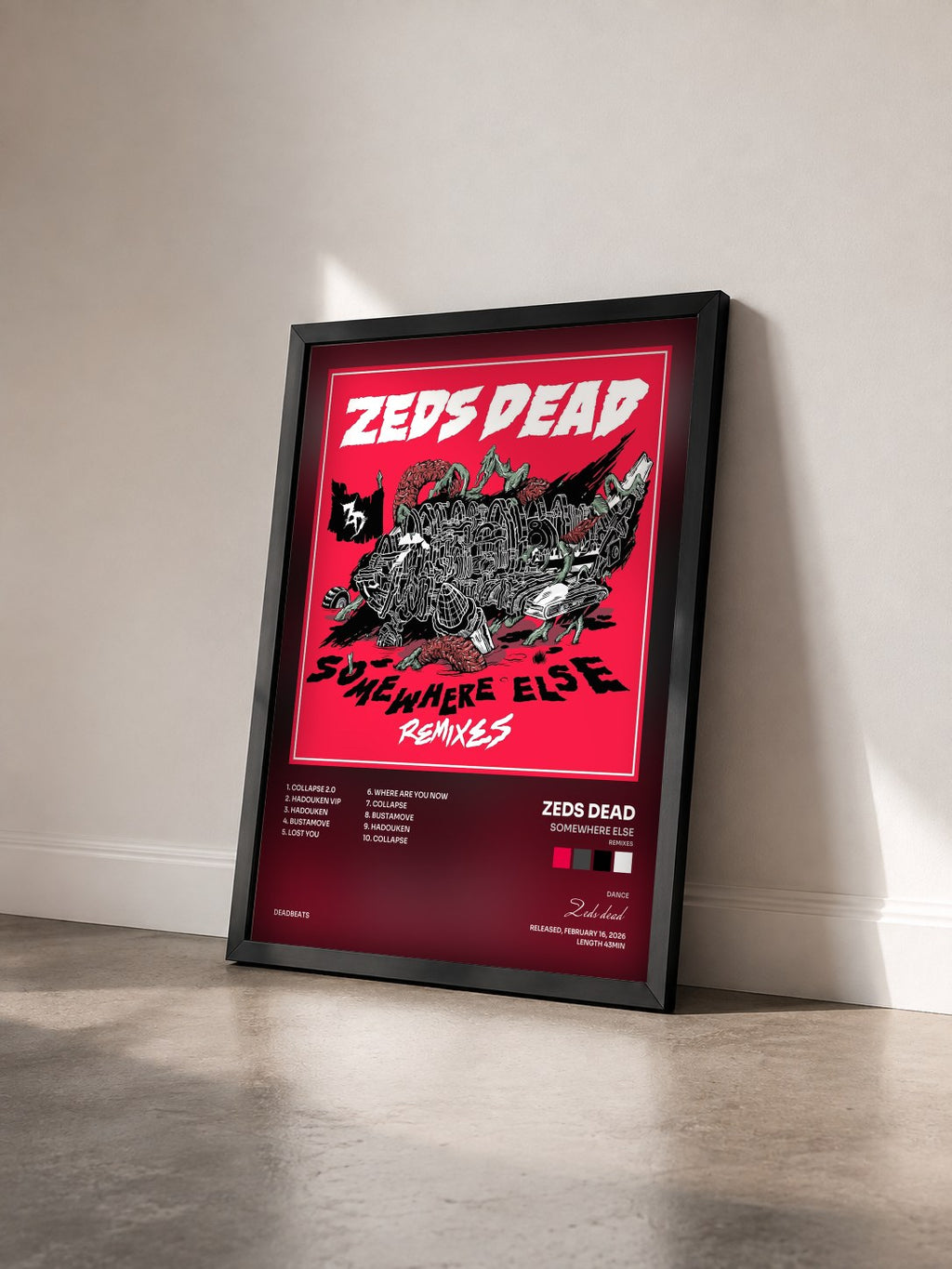 #noir Tableau de l'album Somewhere Else (Remixes) de Zeds dead vu de trois quarts, cadre noir