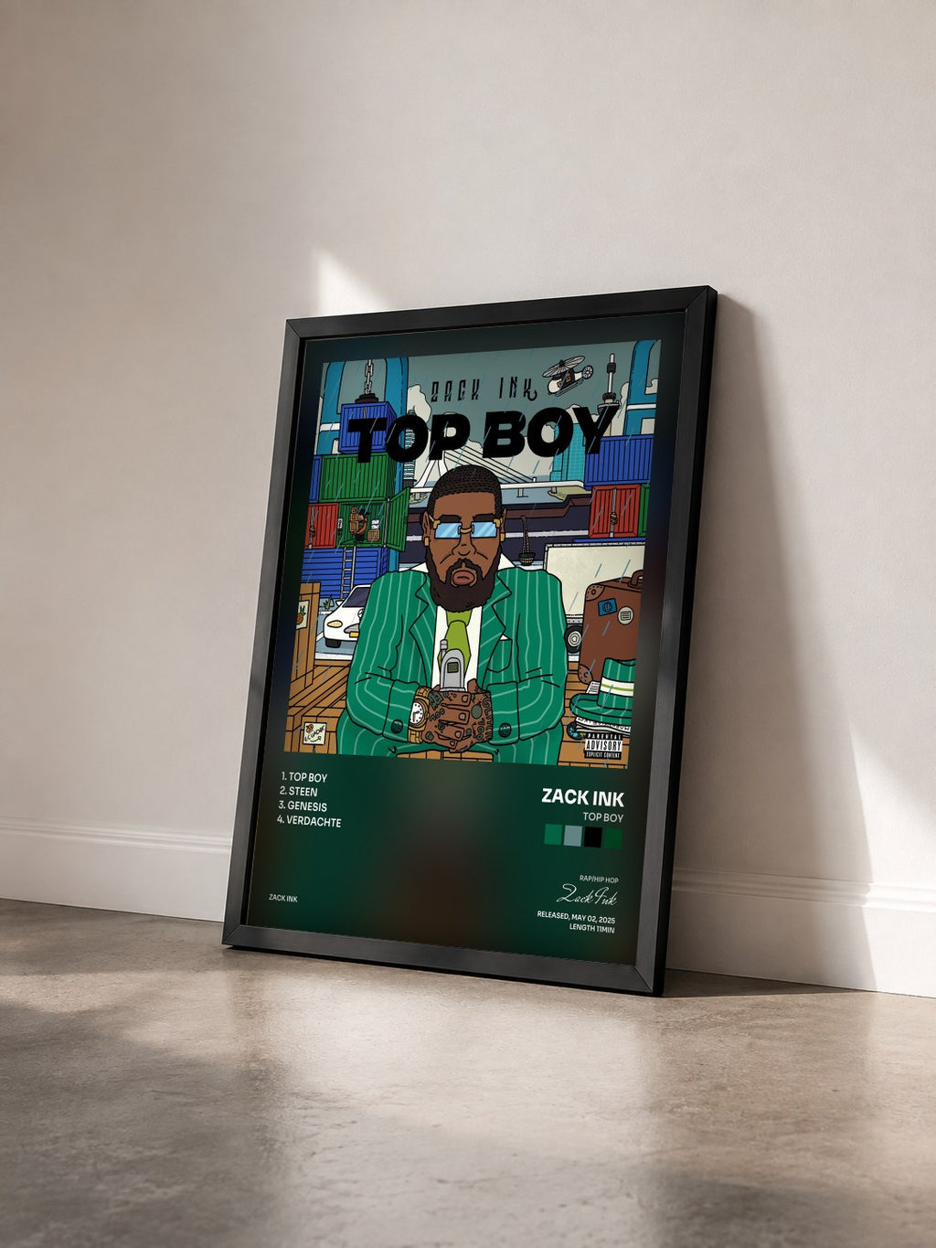 #noir Tableau de l'album Top Boy de Zack Ink vu de trois quarts, cadre noir