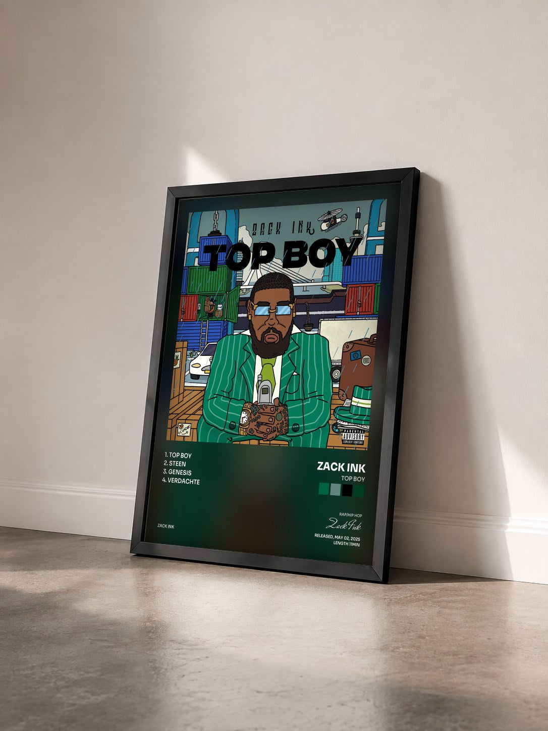#noir Tableau de l'album Top Boy de Zack Ink vu de trois quarts, cadre noir