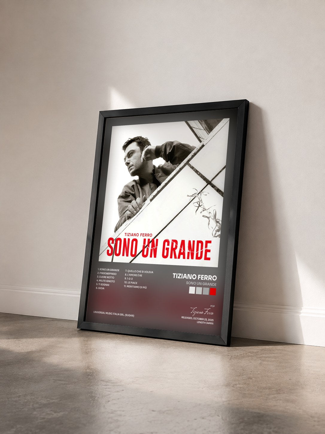 #noir Tableau de l'album SONO UN GRANDE de Tiziano Ferro vu de trois quarts, cadre noir