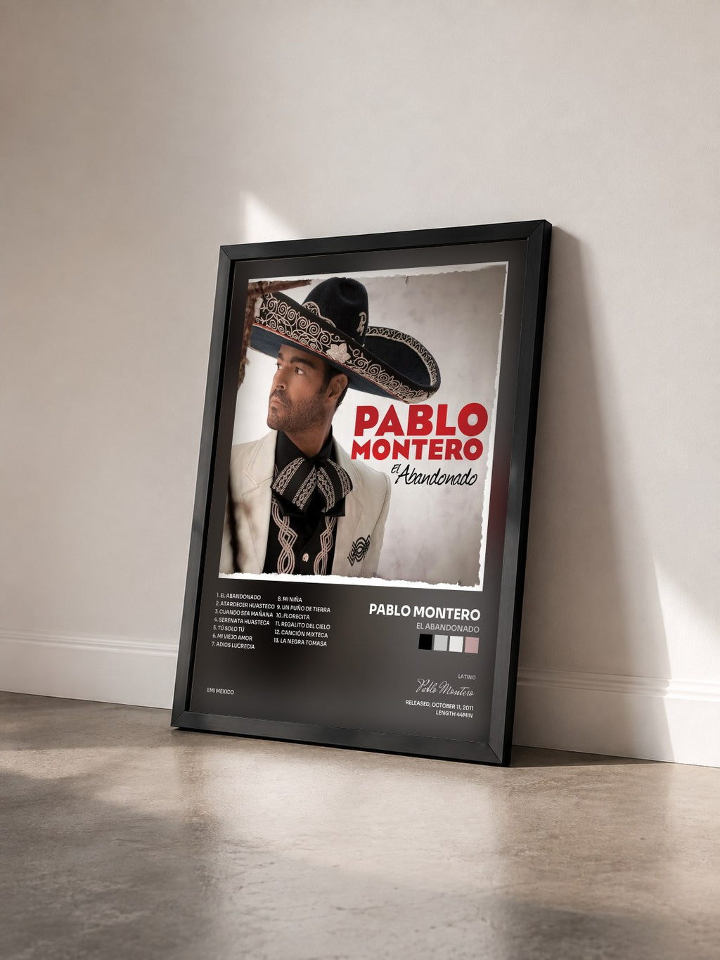#noir Tableau de l'album El Abandonado de Pablo Montero vu de trois quarts, cadre noir