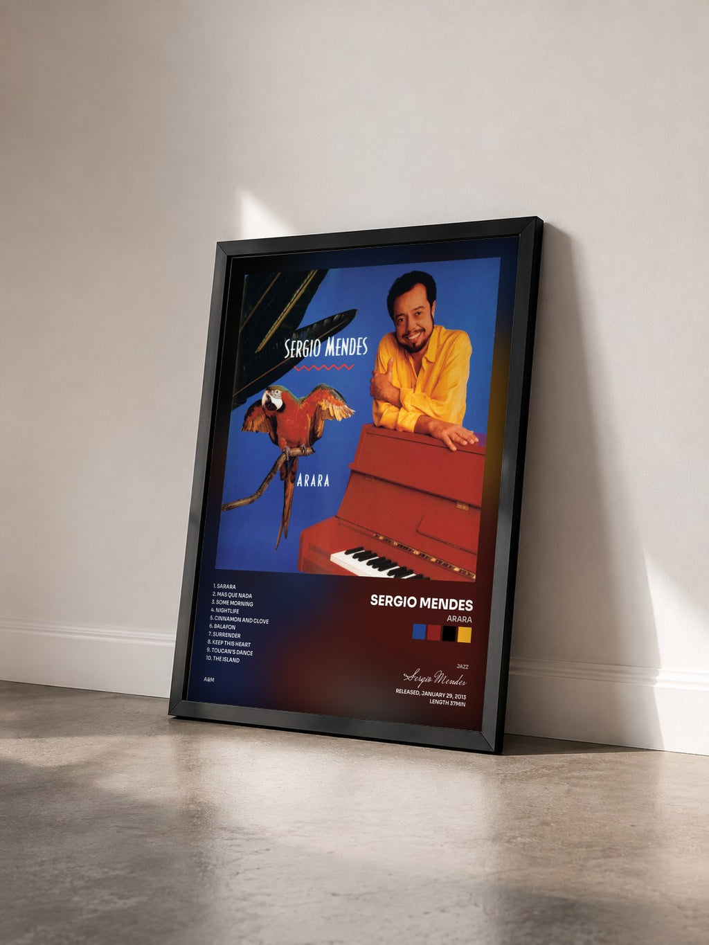 #noir Tableau de l'album Arara de Sergio Mendes vu de trois quarts, cadre noir