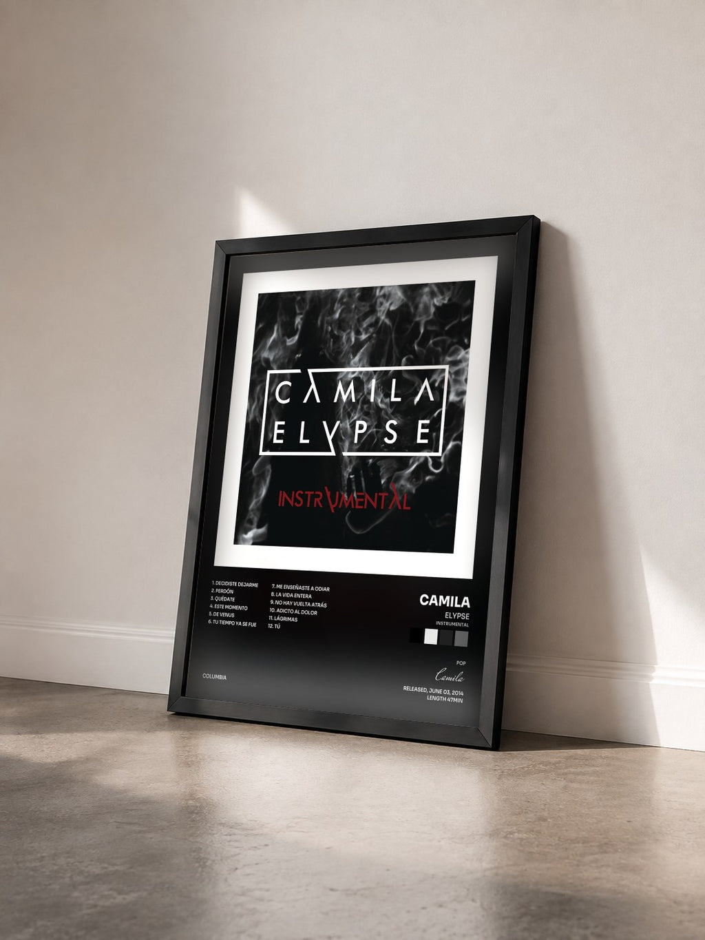 #noir Tableau de l'album Elypse (Instrumental) de Camila vu de trois quarts, cadre noir