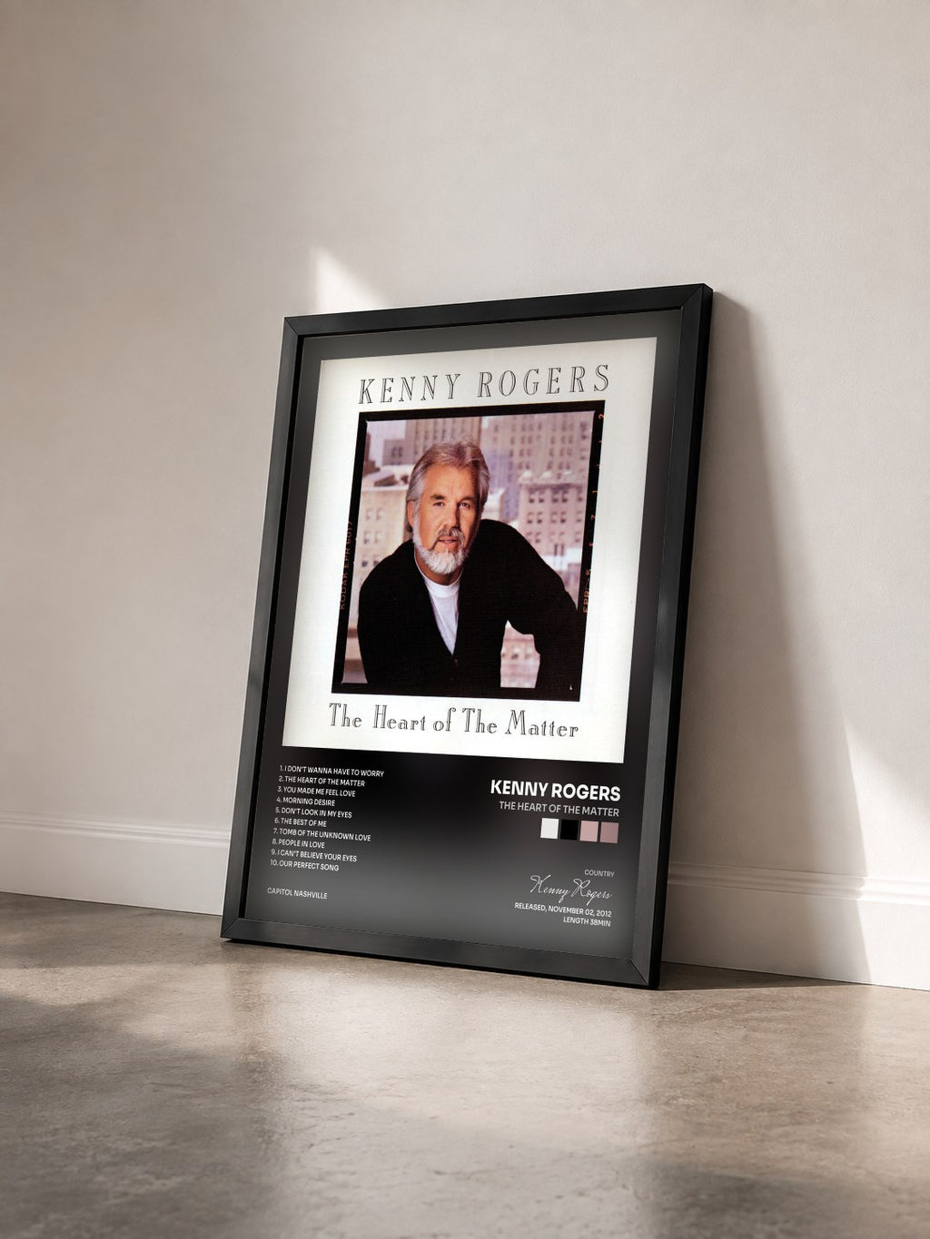 #noir Tableau de l'album The Heart of the Matter de Kenny Rogers vu de trois quarts, cadre noir