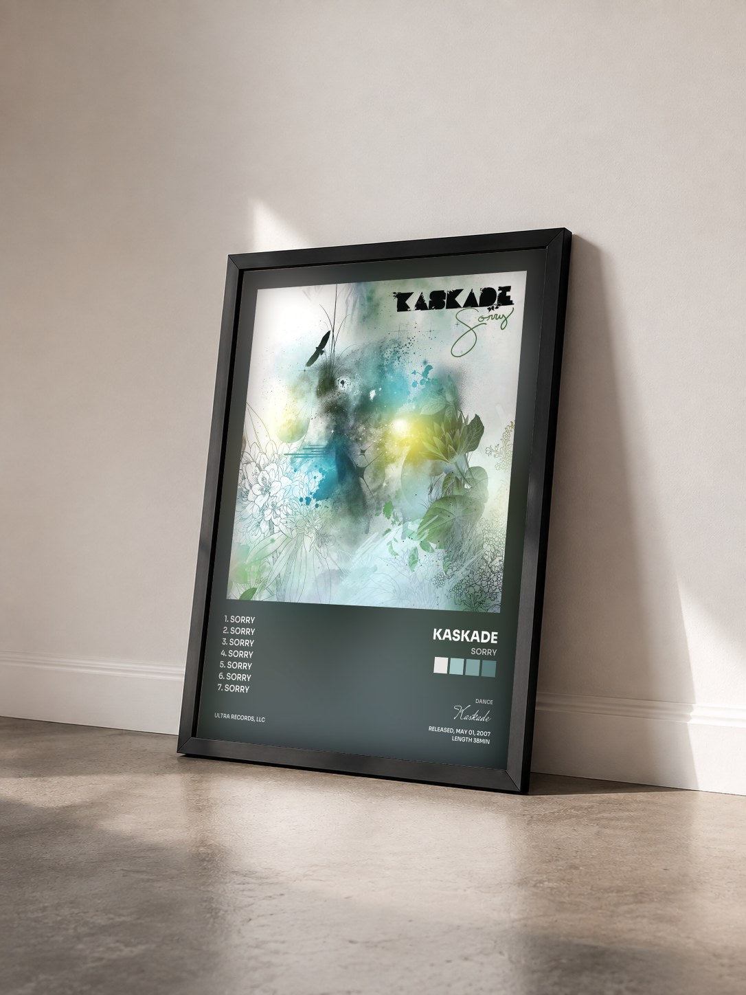 #noir Tableau de l'album Sorry de Kaskade vu de trois quarts, cadre noir