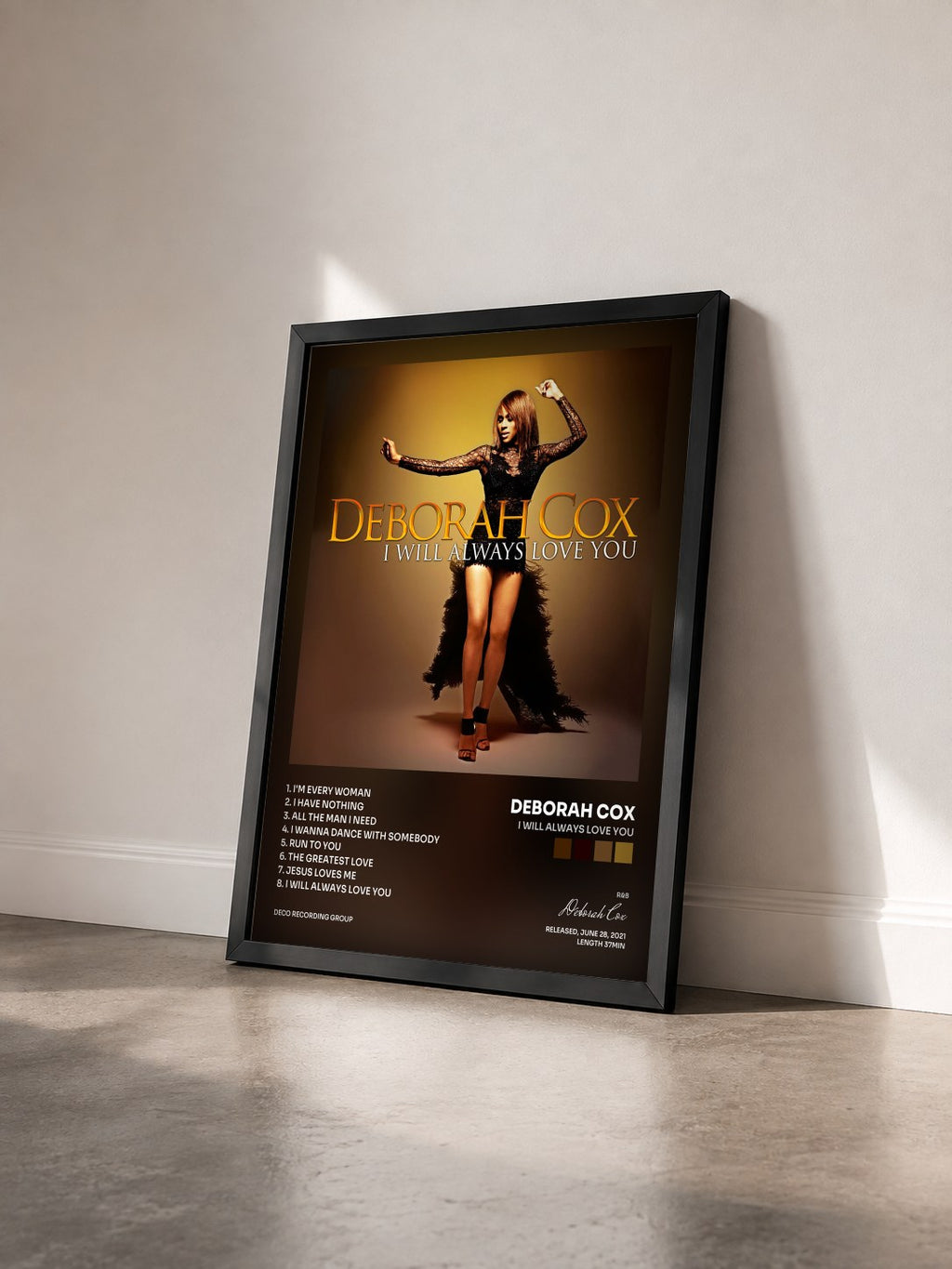 #noir Tableau de l'album I WILL ALWAYS LOVE YOU de Deborah Cox vu de trois quarts, cadre noir
