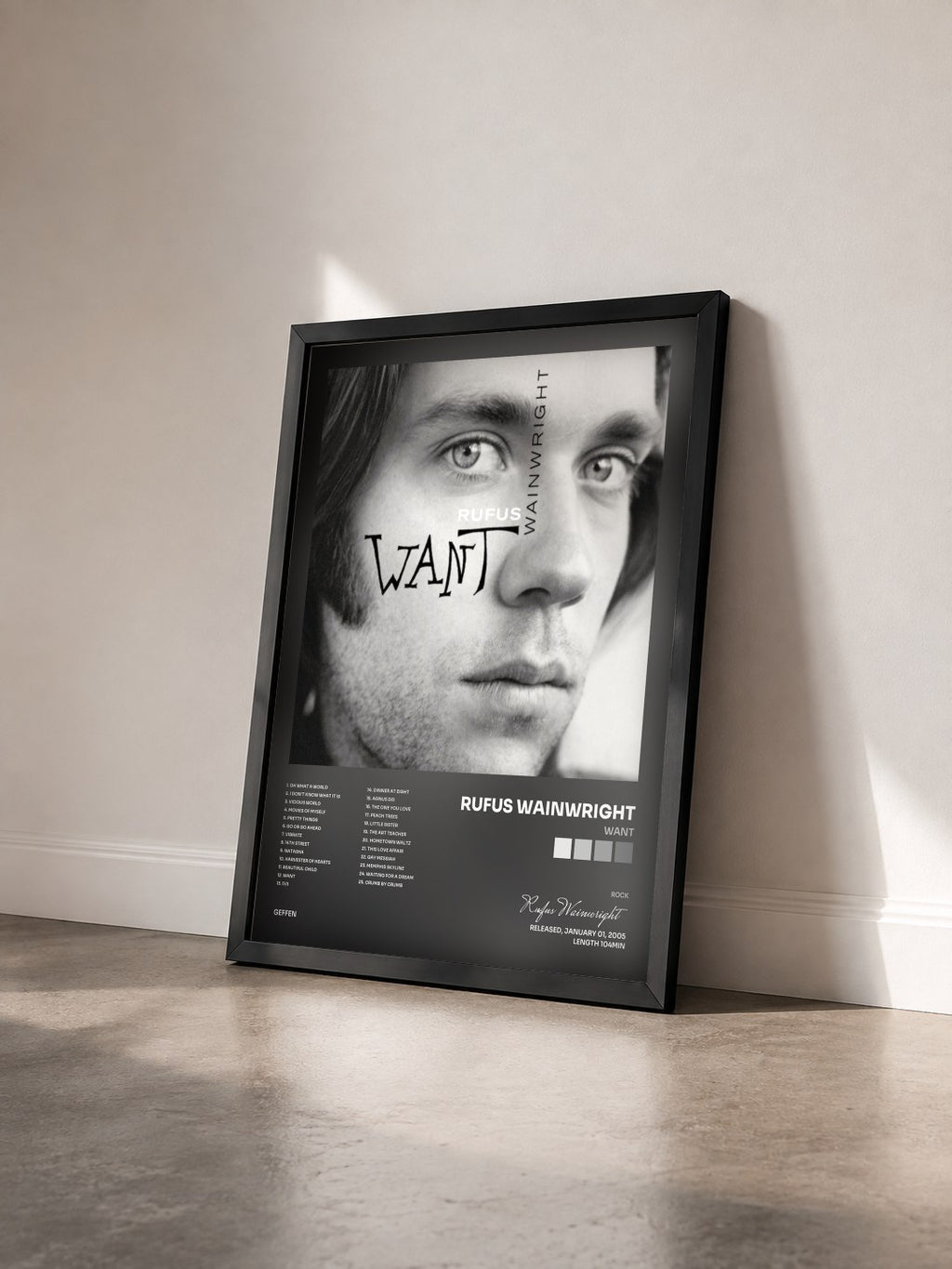 #noir Tableau de l'album Want de Rufus Wainwright vu de trois quarts, cadre noir