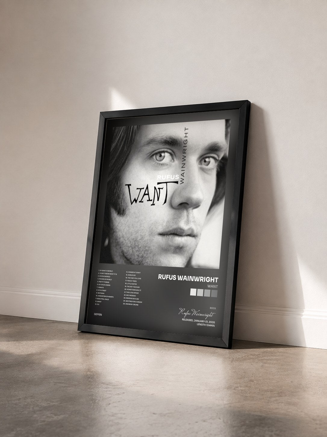 #noir Tableau de l'album Want de Rufus Wainwright vu de trois quarts, cadre noir