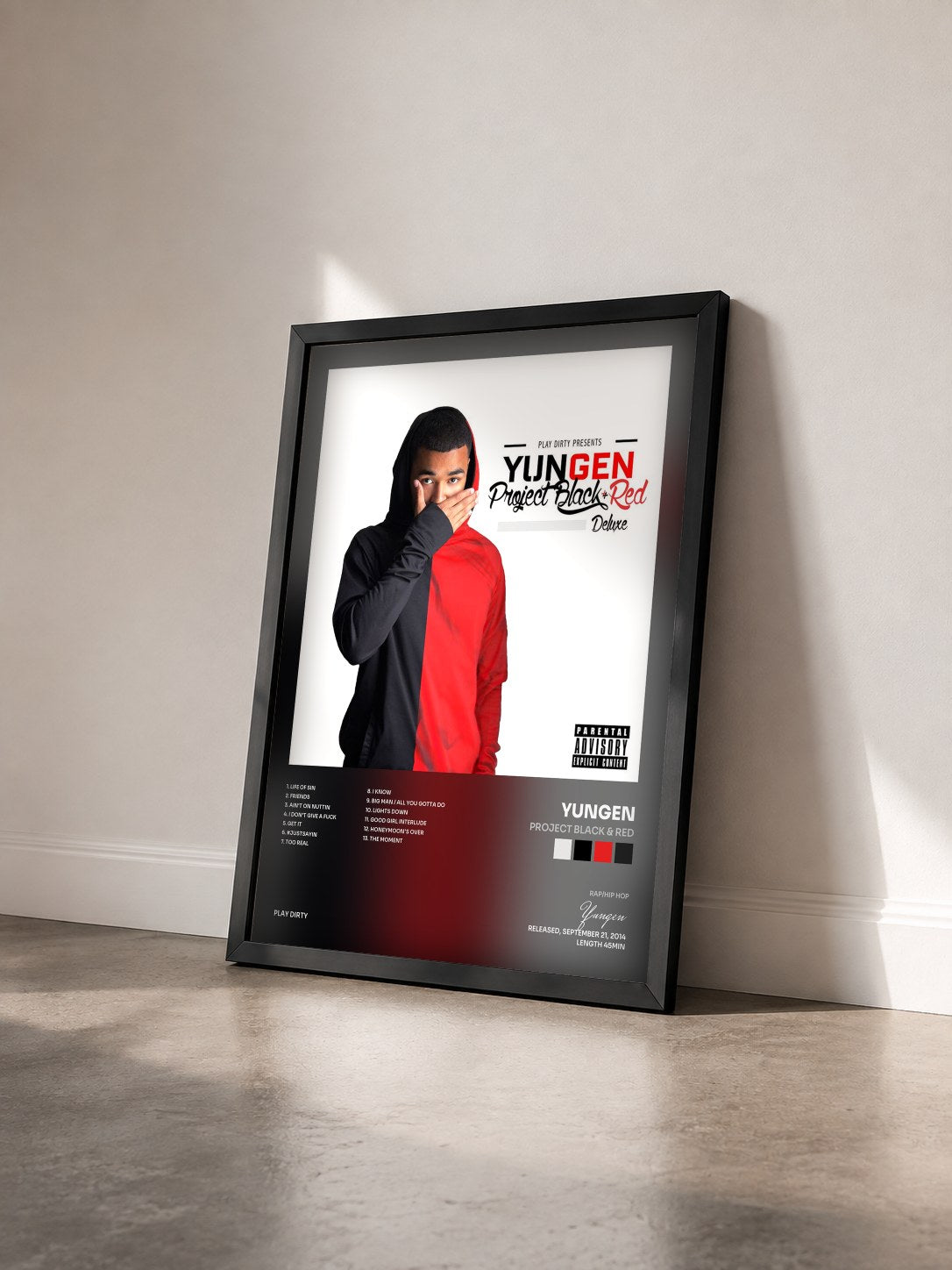 #noir Tableau de l'album Project Black & Red de Yungen vu de trois quarts, cadre noir