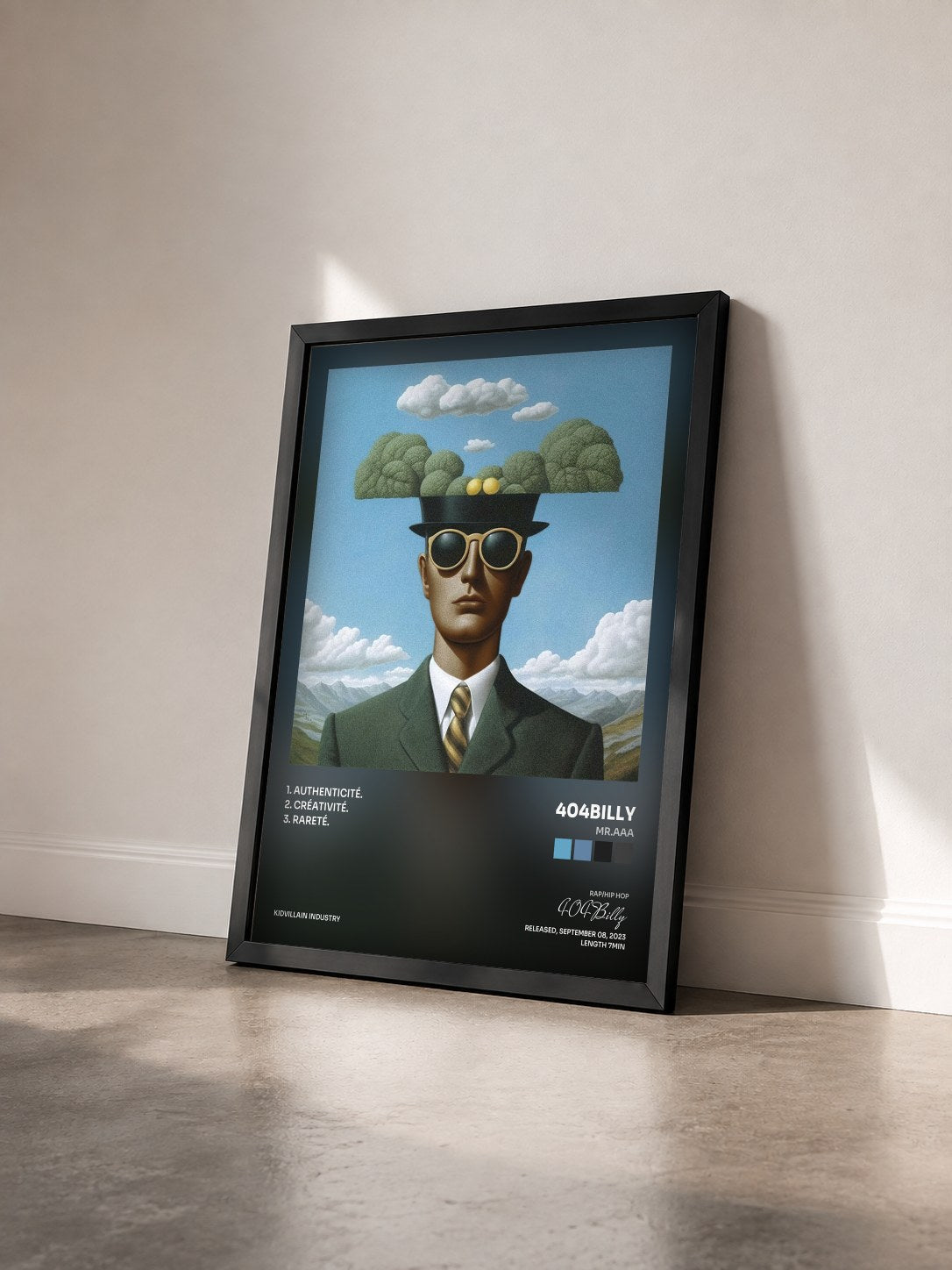 #noir Tableau de l'album Mr.AAA de 404Billy vu de trois quarts, cadre noir