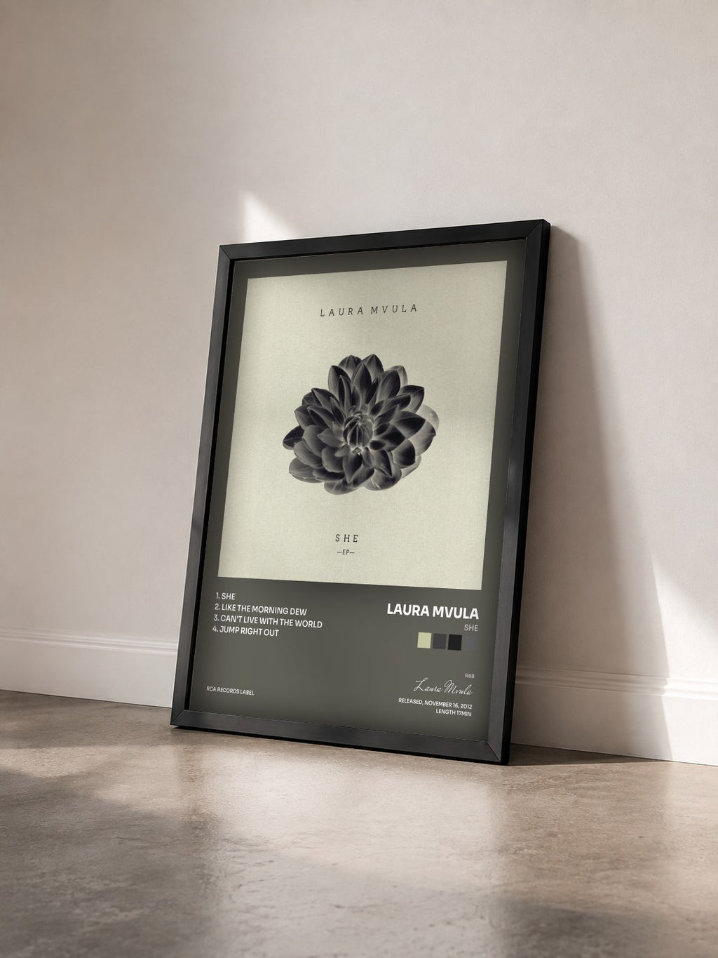 #noir Tableau de l'album She de Laura Mvula vu de trois quarts, cadre noir