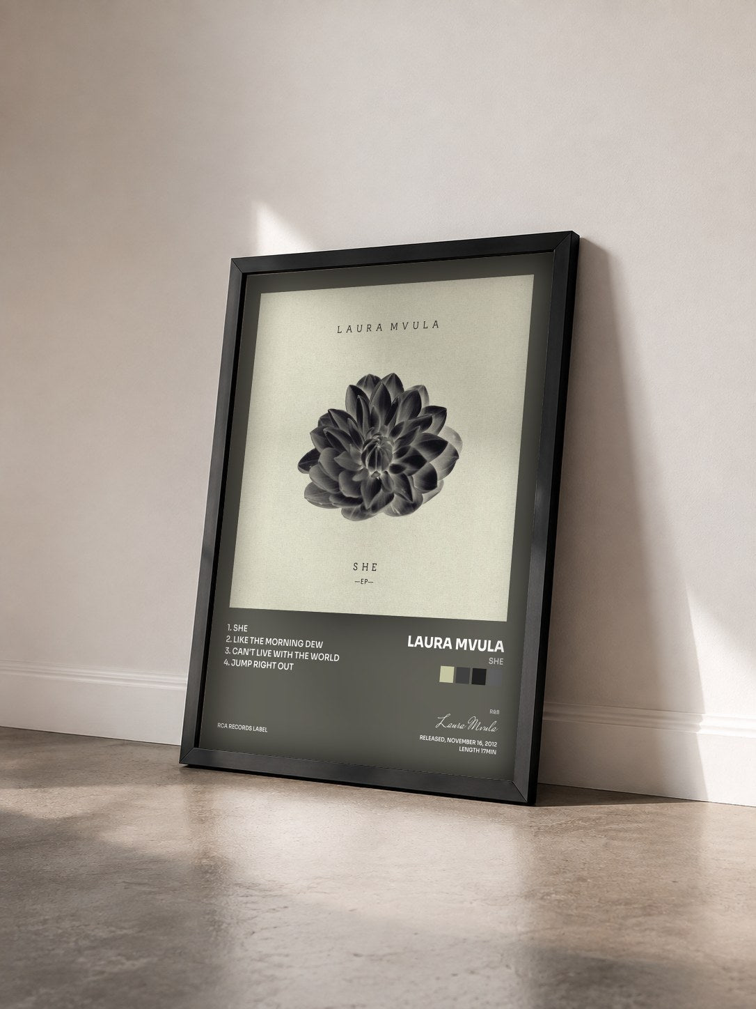 #noir Tableau de l'album She de Laura Mvula vu de trois quarts, cadre noir