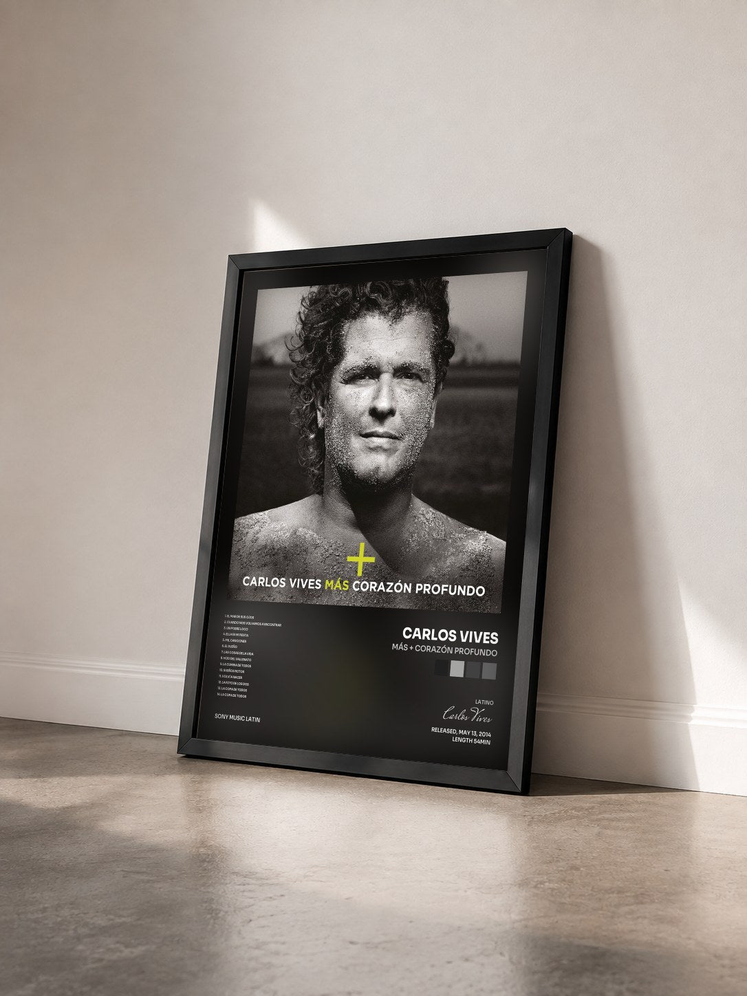 #noir Tableau de l'album Más + Corazón Profundo de Carlos Vives vu de trois quarts, cadre noir