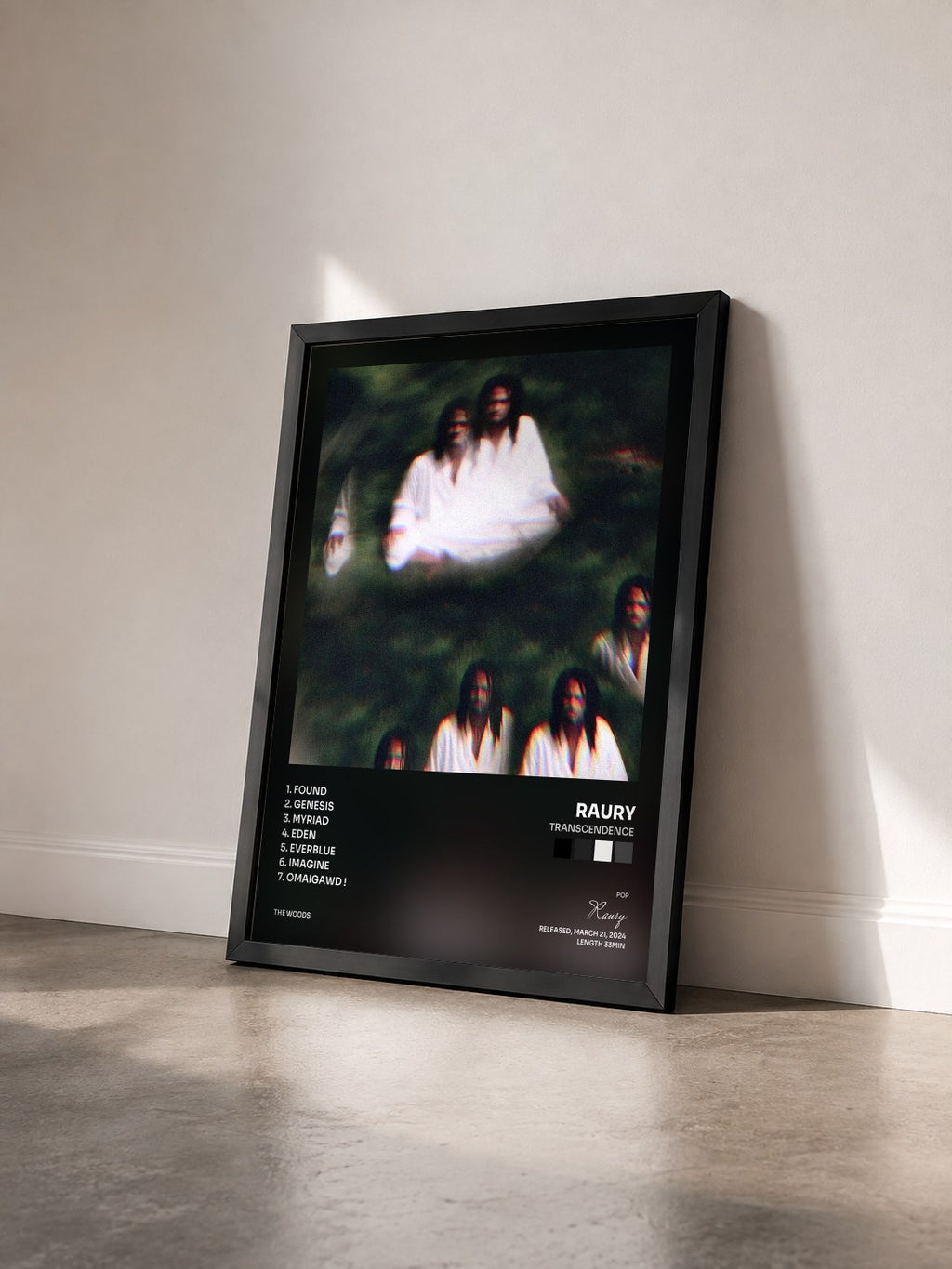 #noir Tableau de l'album Transcendence de Raury vu de trois quarts, cadre noir