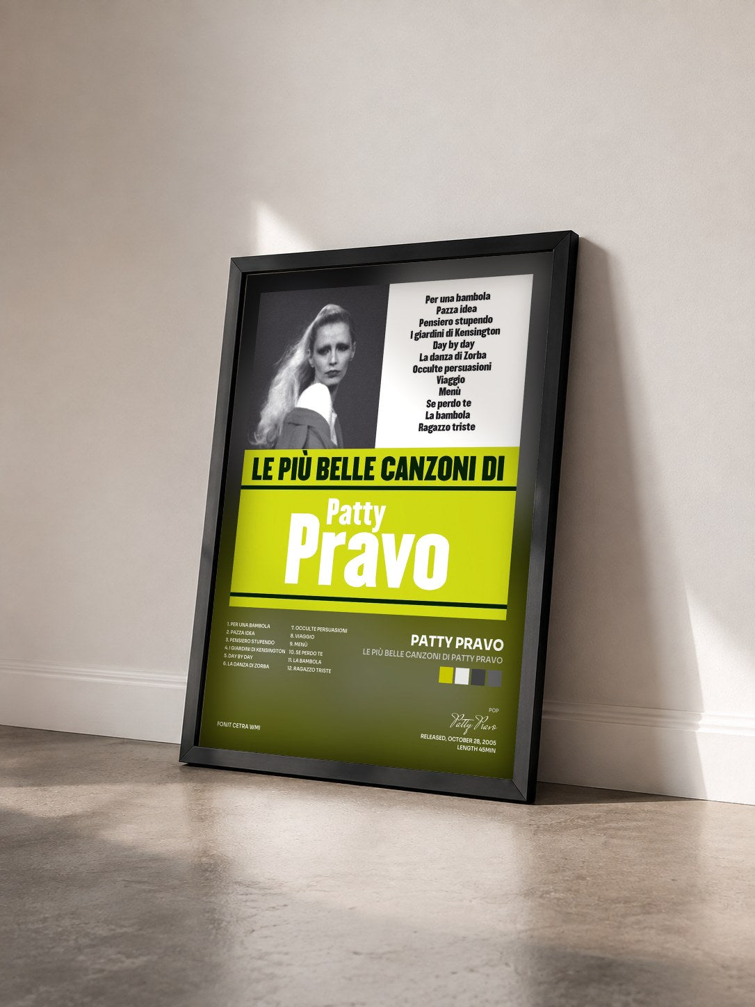 #noir Tableau de l'album Le più belle canzoni di Patty Pravo de Patty Pravo vu de trois quarts, cadre noir