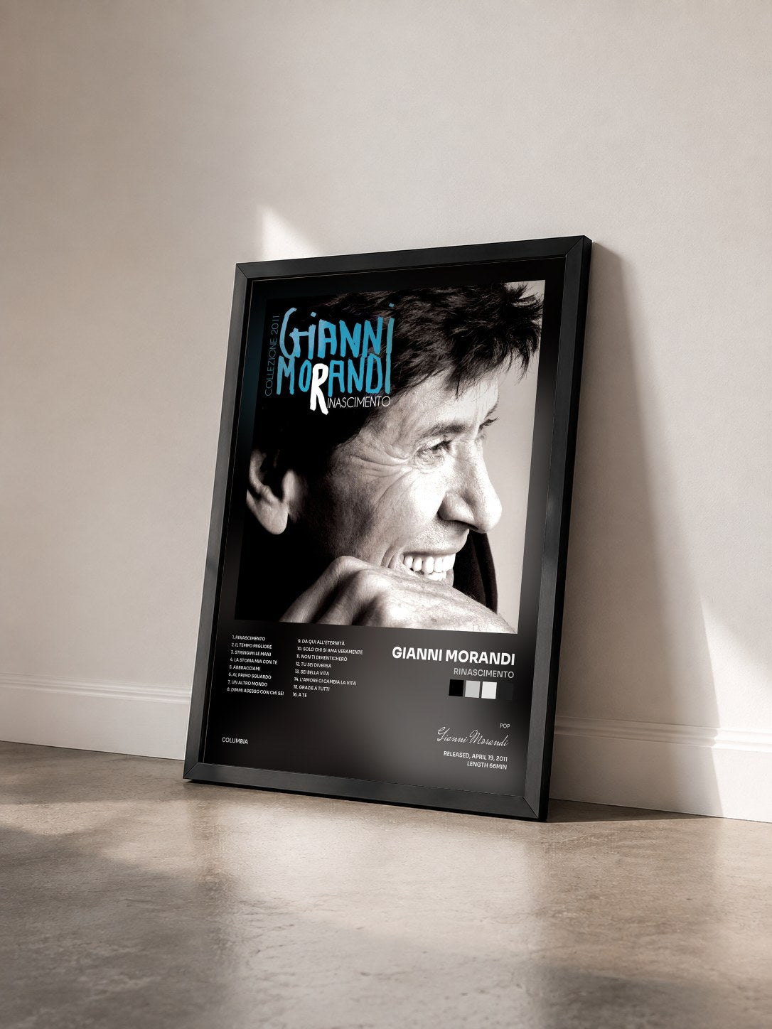 #noir Tableau de l'album Rinascimento de Gianni Morandi vu de trois quarts, cadre noir