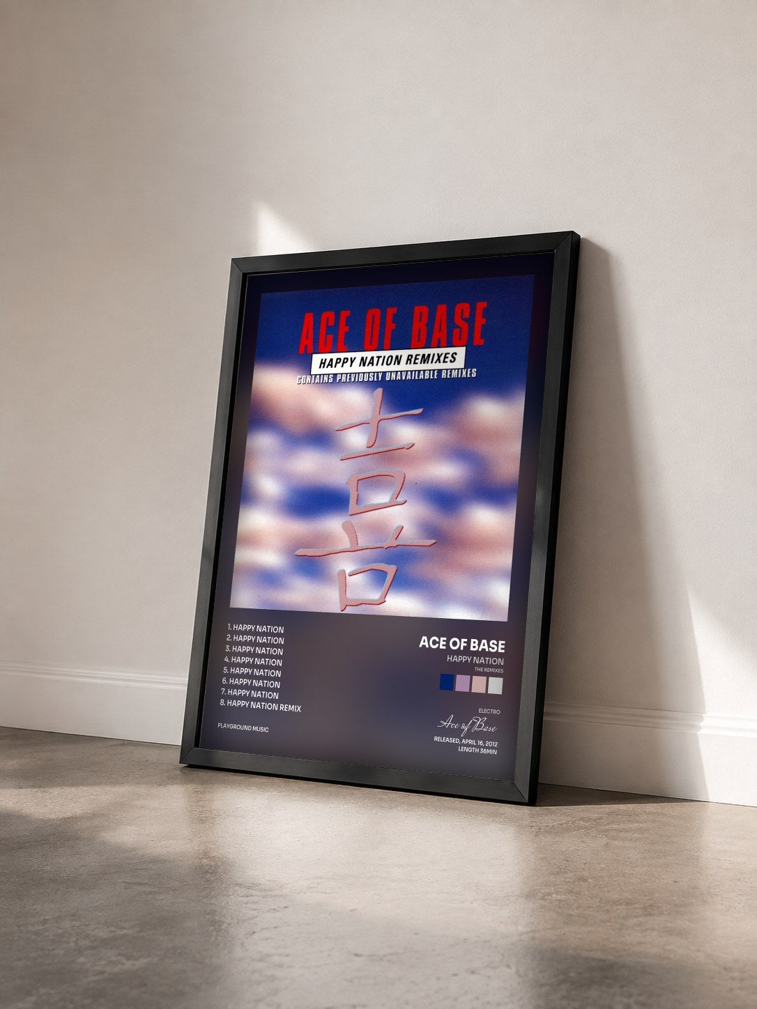 #noir Tableau de l'album Happy Nation (The Remixes) de Ace of Base vu de trois quarts, cadre noir