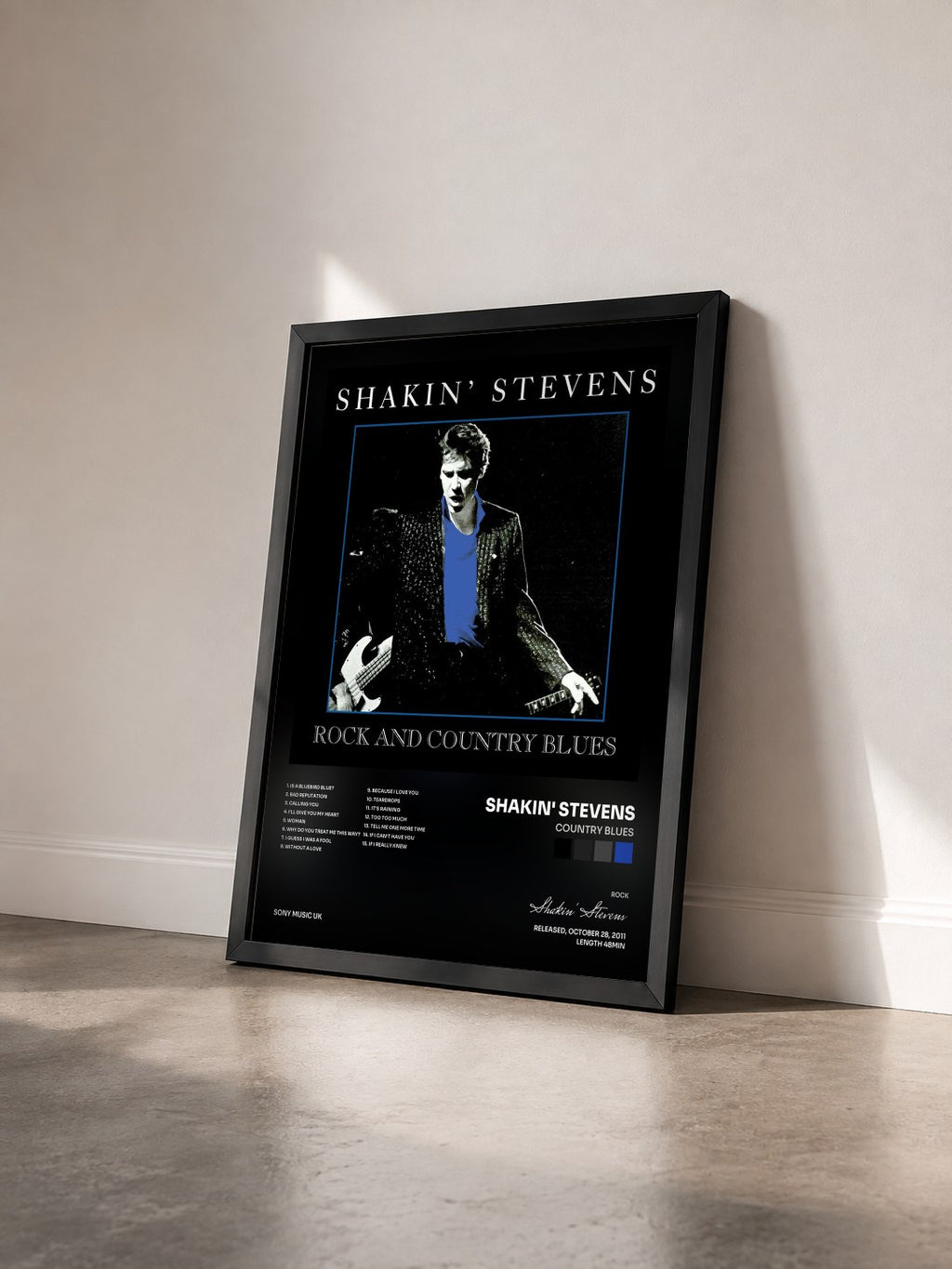 #noir Tableau de l'album Country Blues de Shakin' Stevens vu de trois quarts, cadre noir