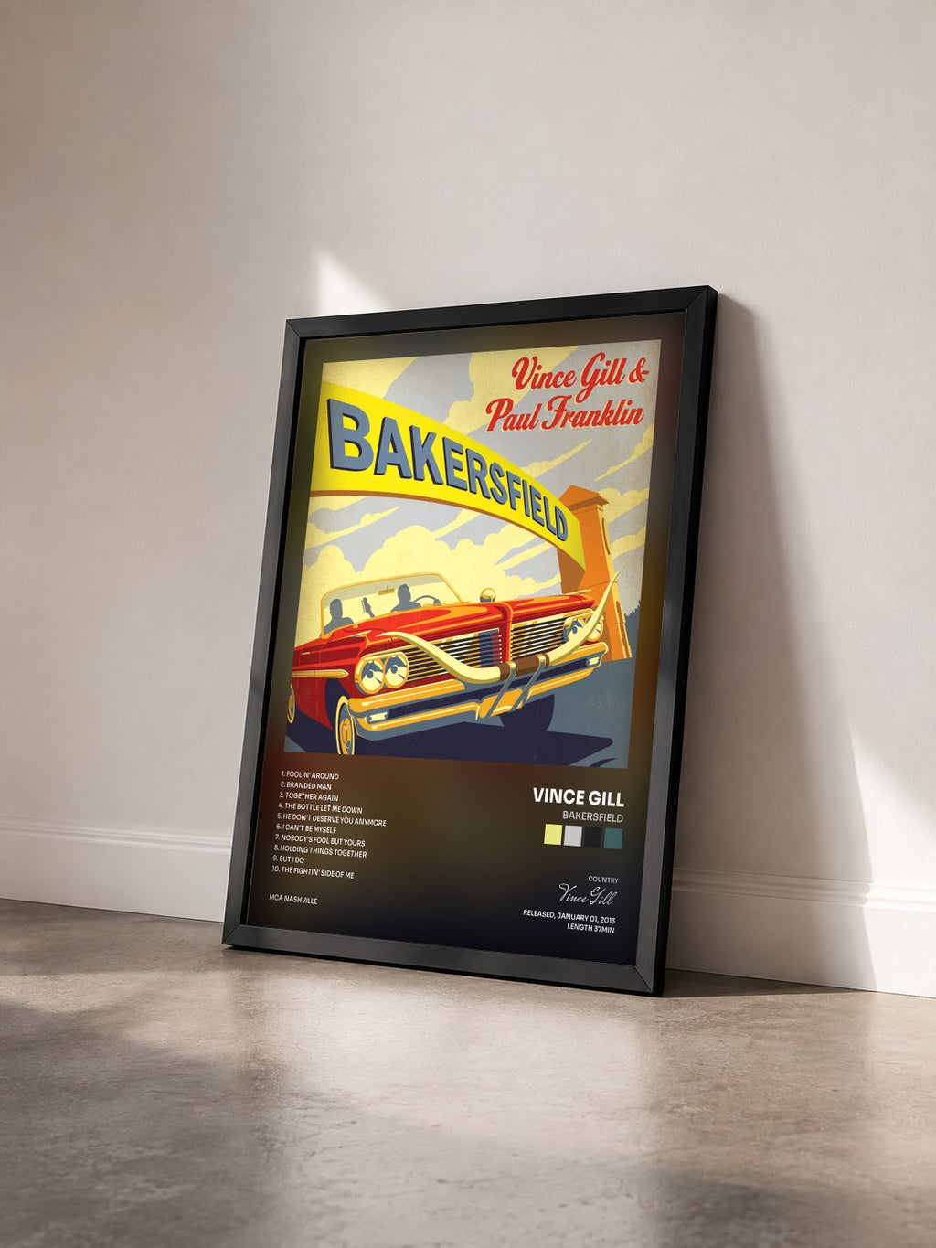 #noir Tableau de l'album Bakersfield de Vince Gill vu de trois quarts, cadre noir