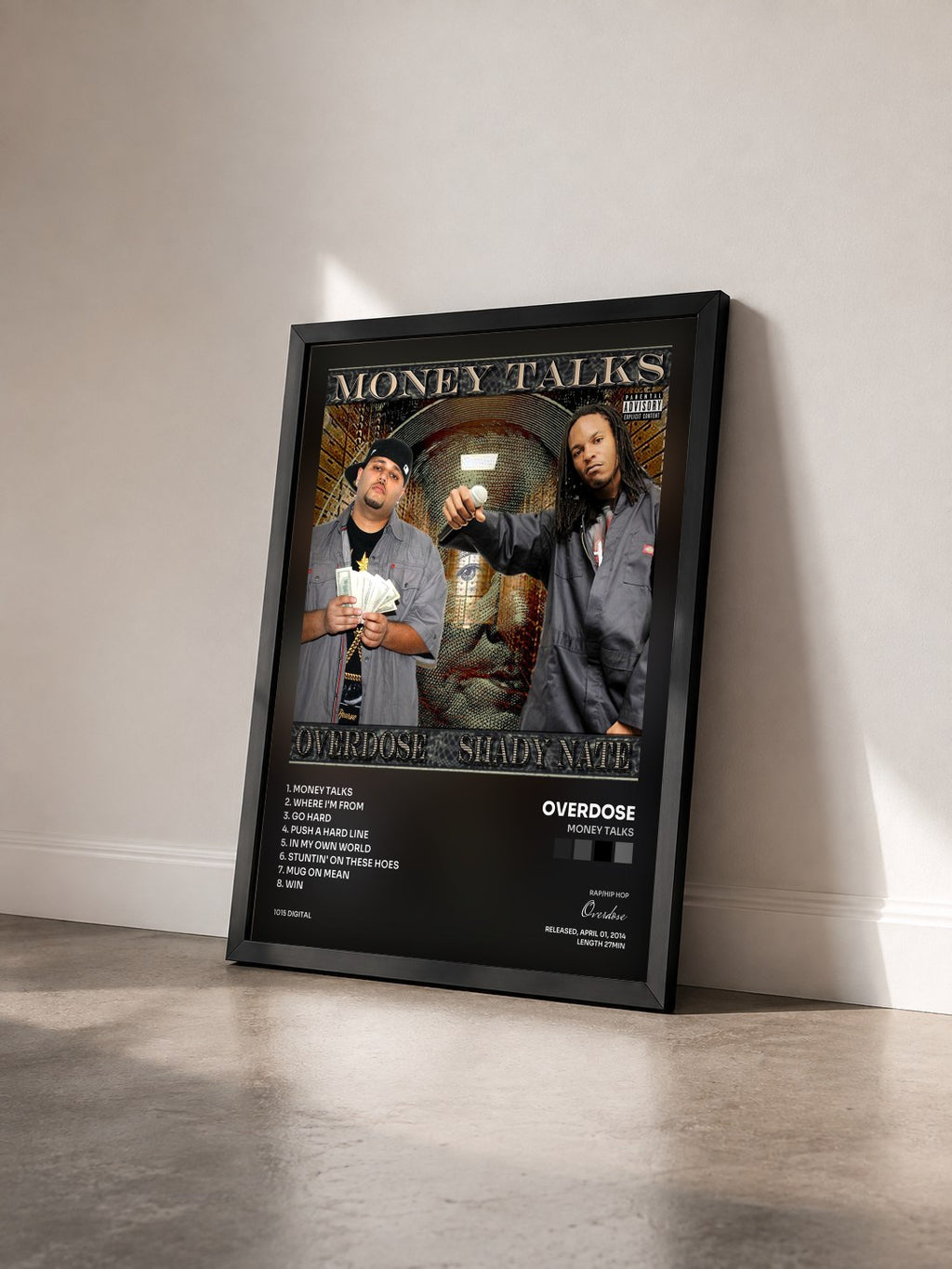#noir Tableau de l'album Money Talks de Overdose vu de trois quarts, cadre noir