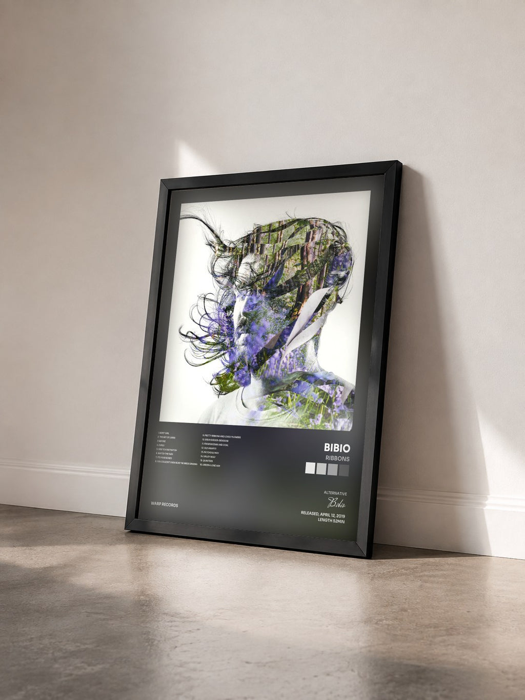 #noir Tableau de l'album Ribbons de Bibio vu de trois quarts, cadre noir