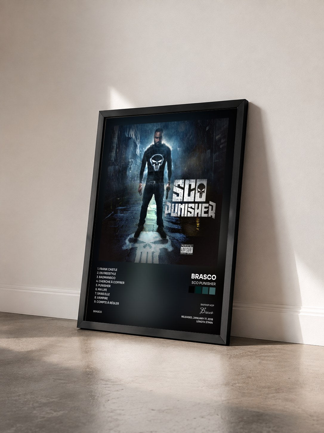 #noir Tableau de l'album Sco Punisher de Brasco vu de trois quarts, cadre noir