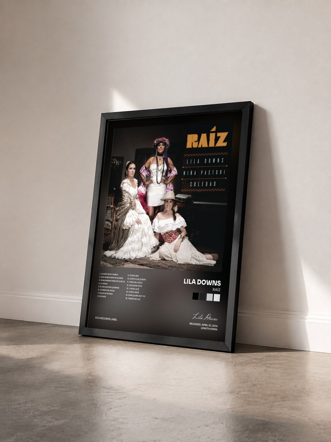 #noir Tableau de l'album Raíz de Lila Downs vu de trois quarts, cadre noir