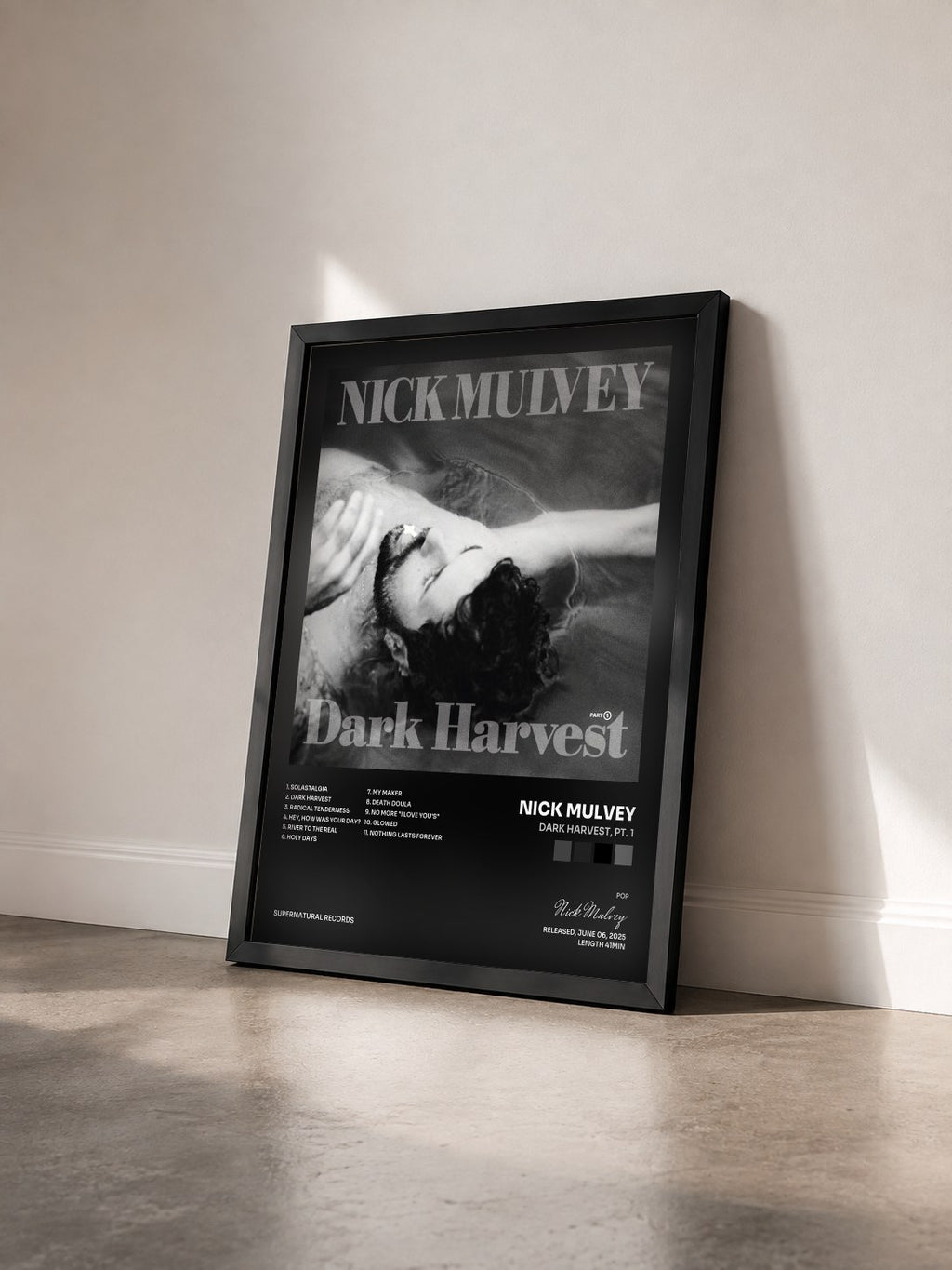 #noir Tableau de l'album Dark Harvest, Pt. 1 de Nick Mulvey vu de trois quarts, cadre noir