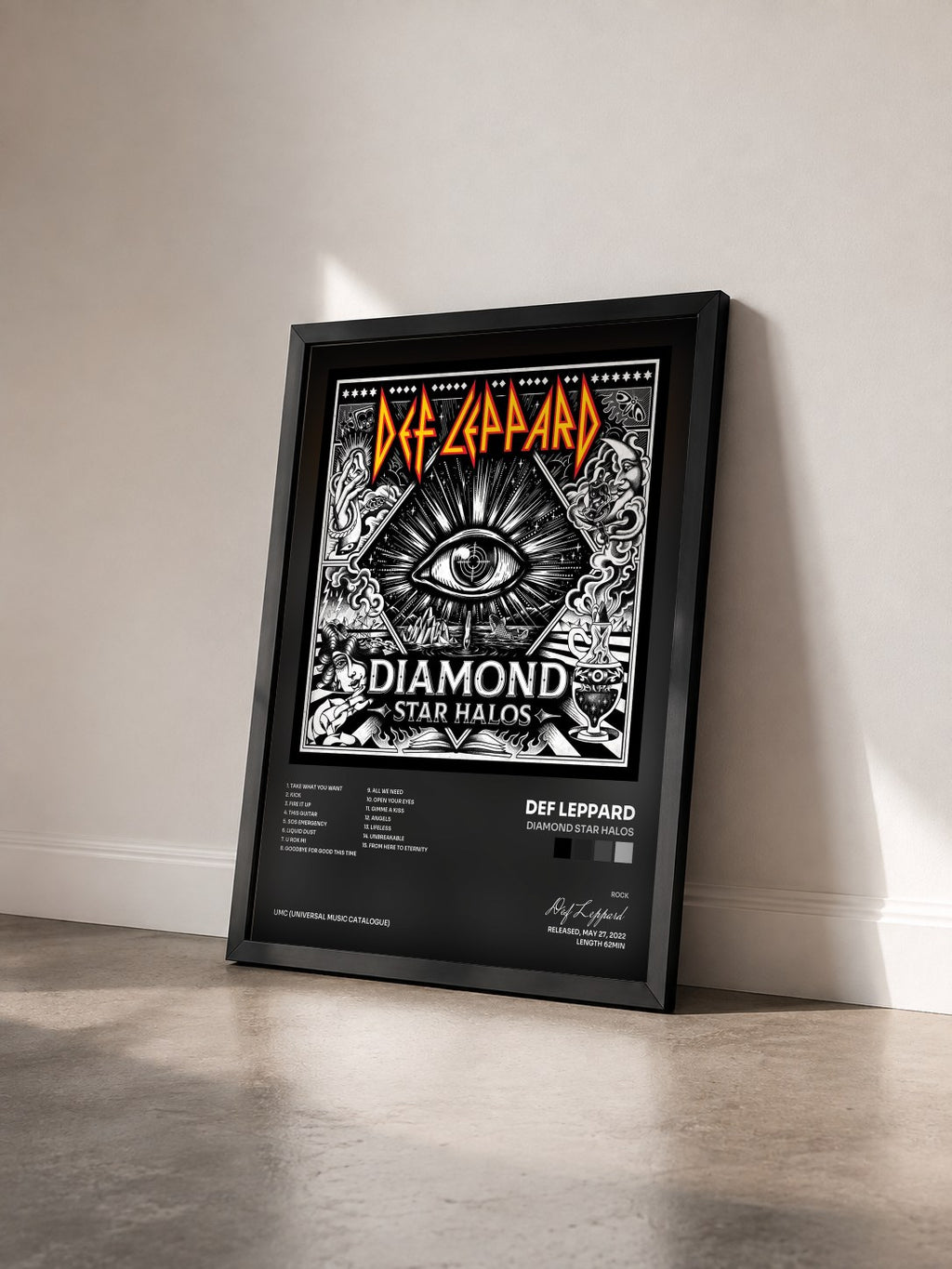 #noir Tableau de l'album Diamond Star Halos de Def Leppard vu de trois quarts, cadre noir