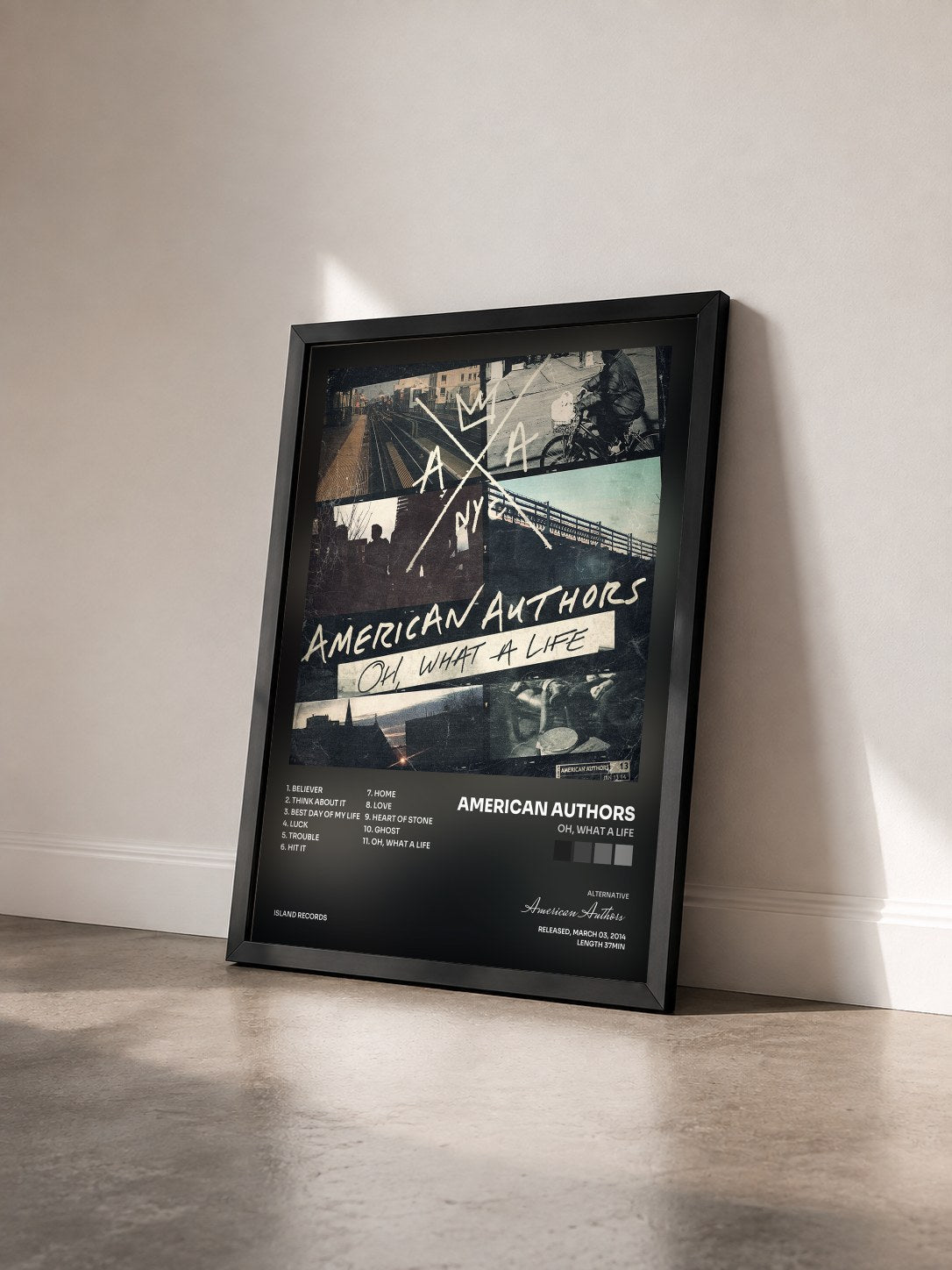 #noir Tableau de l'album Oh, What A Life de American Authors vu de trois quarts, cadre noir