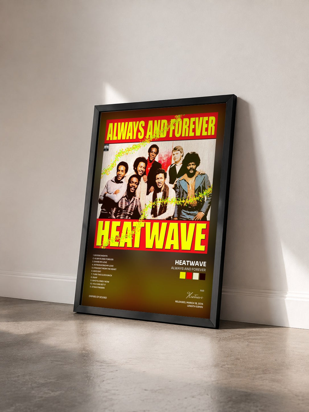 #noir Tableau de l'album Always and Forever de Heatwave vu de trois quarts, cadre noir