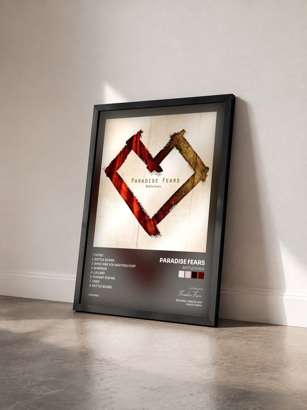 #noir Tableau de l'album Battle Scars de Paradise Fears vu de trois quarts, cadre noir