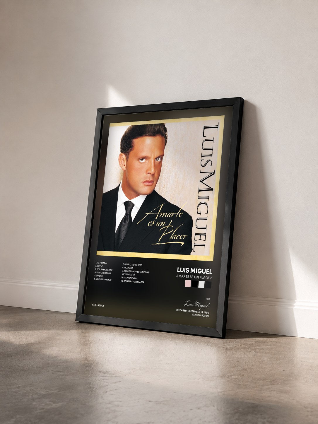 #noir Tableau de l'album Amarte Es Un Placer de Luis Miguel vu de trois quarts, cadre noir