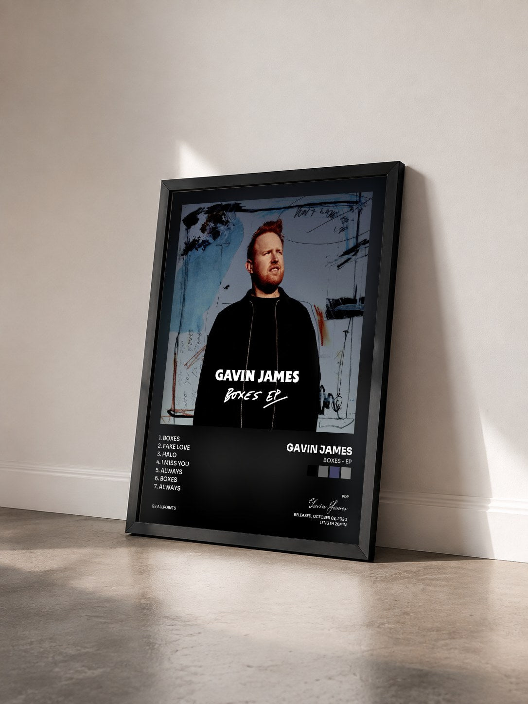 #noir Tableau de l'album Boxes - EP de Gavin James vu de trois quarts, cadre noir