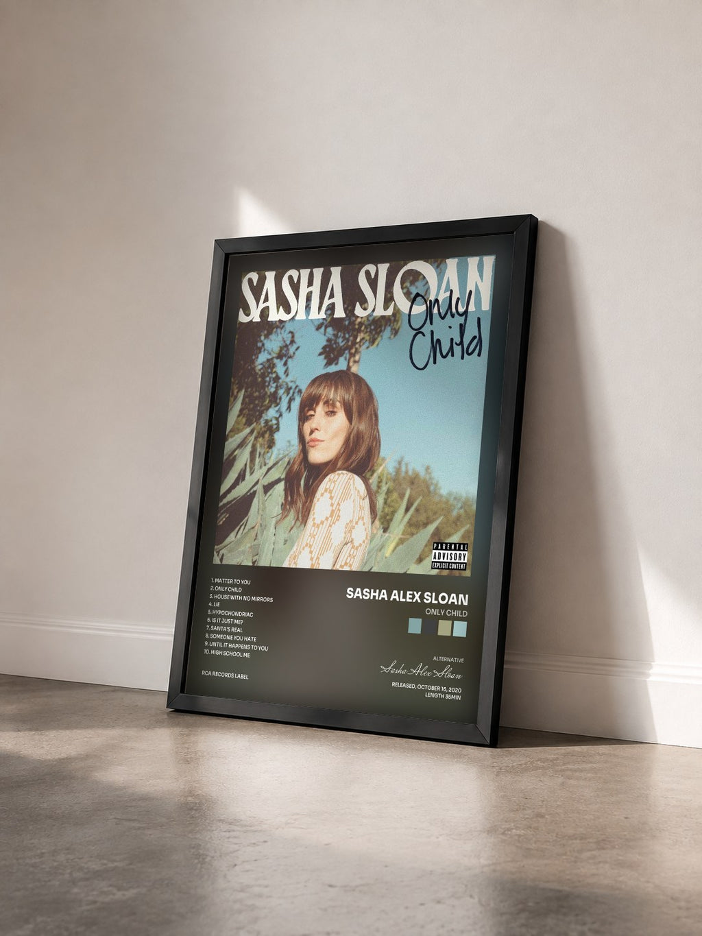 #noir Tableau de l'album Only Child de Sasha Alex Sloan vu de trois quarts, cadre noir