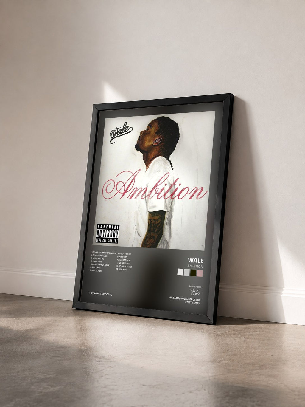 #noir Tableau de l'album Ambition de Wale vu de trois quarts, cadre noir